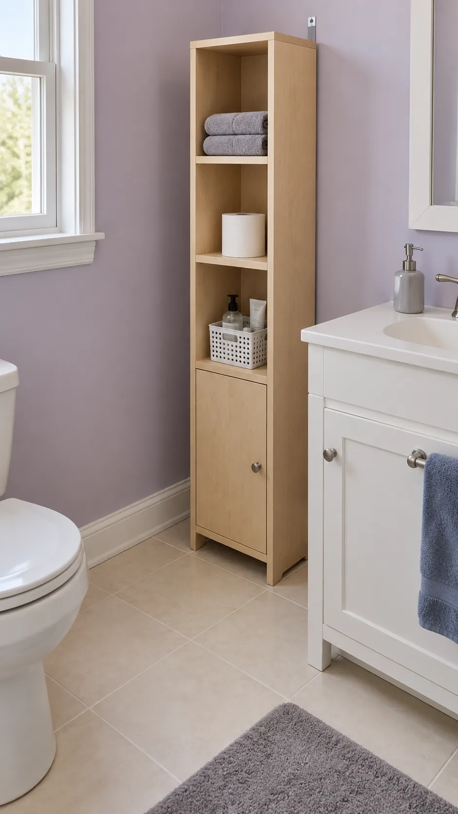 A slim tower on unused dry wall in a small bathroom