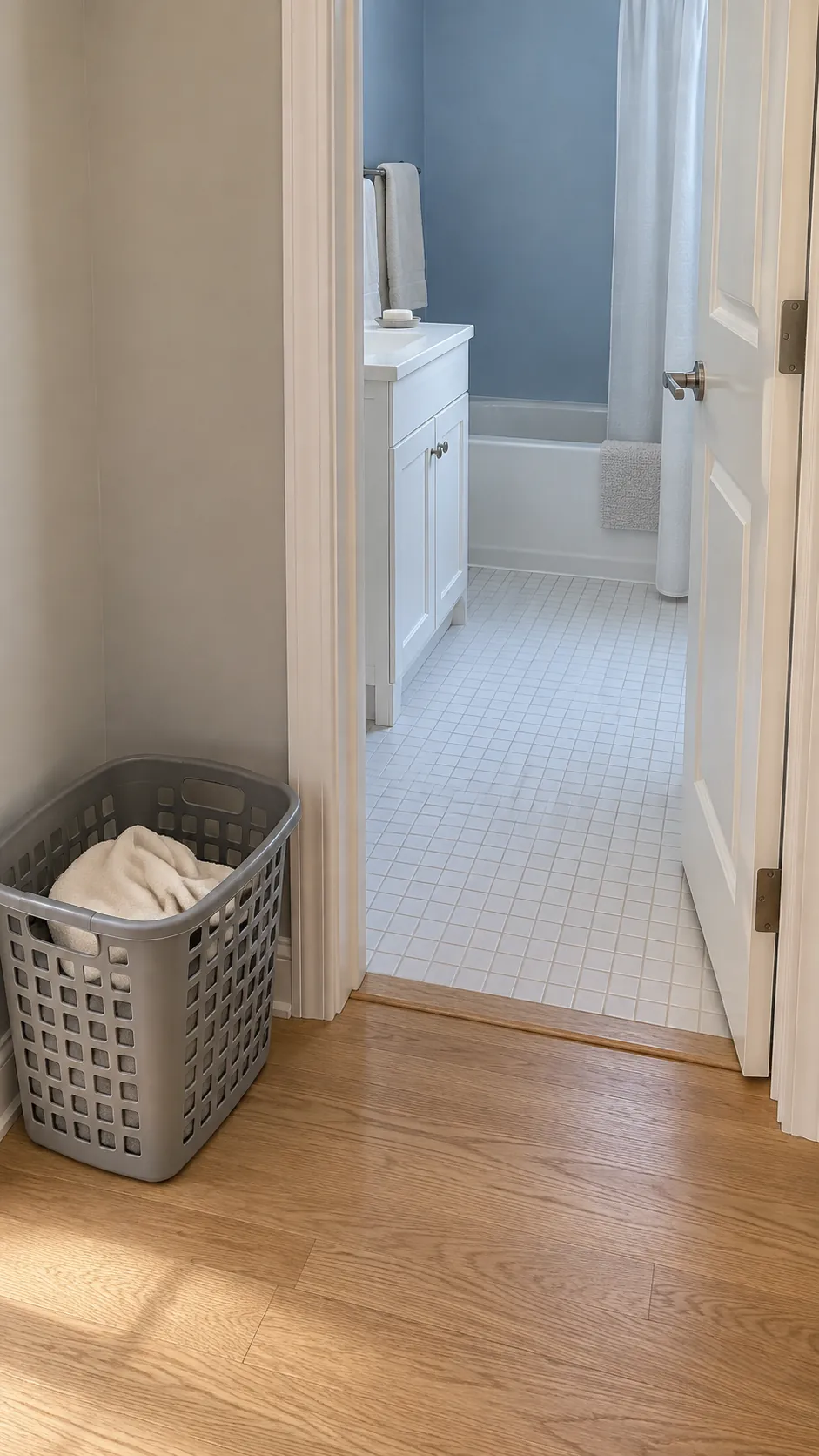 The hamper leaves the pinch point in a small bathroom