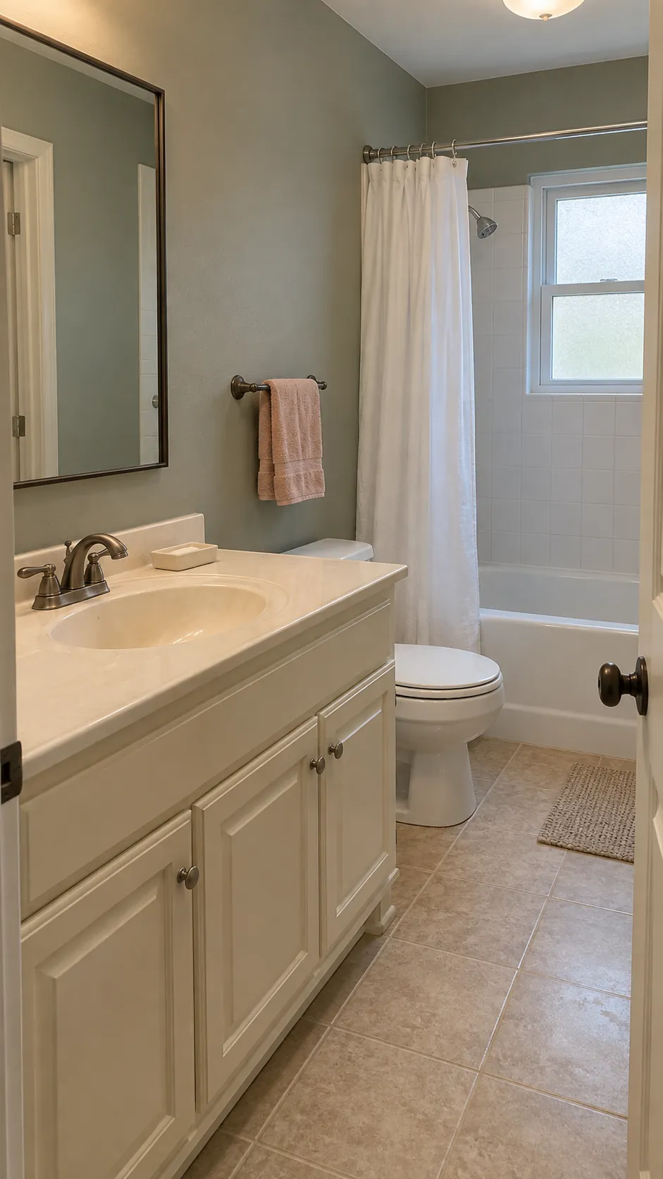 Dry wall color joins existing finishes in a small bathroom