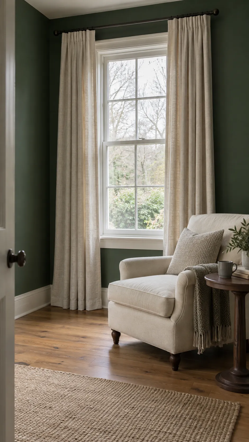 Oatmeal curtains and pale seating in a shaded dark green room