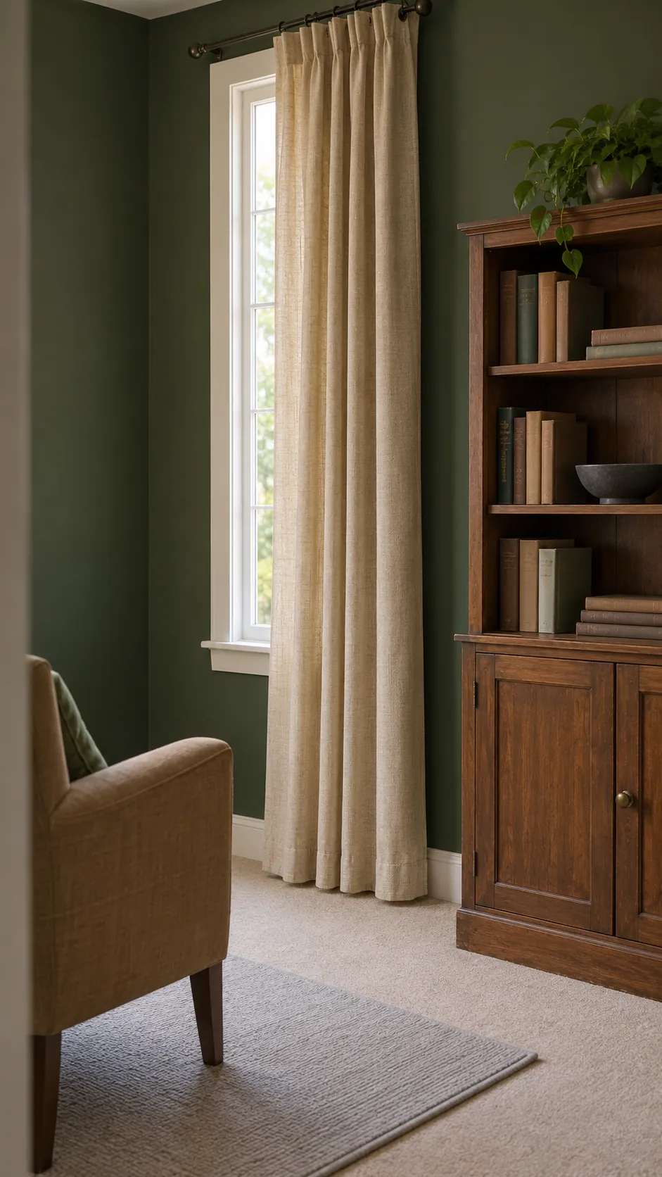 Warm beige curtains with dark green walls and existing wood furniture