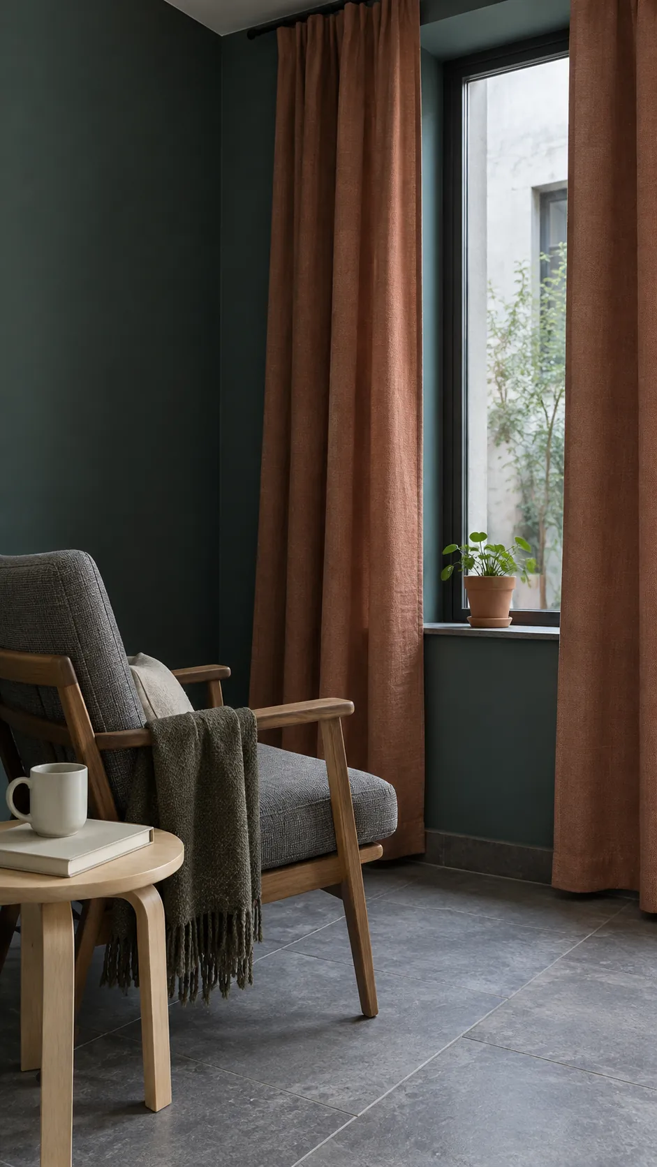 Muted clay curtains in a cool dark green reading nook