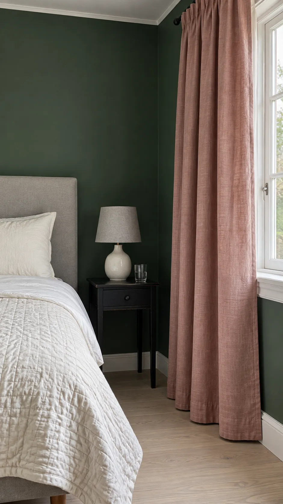 Muted dusty rose curtains beside a dark green bedroom and pale bedding