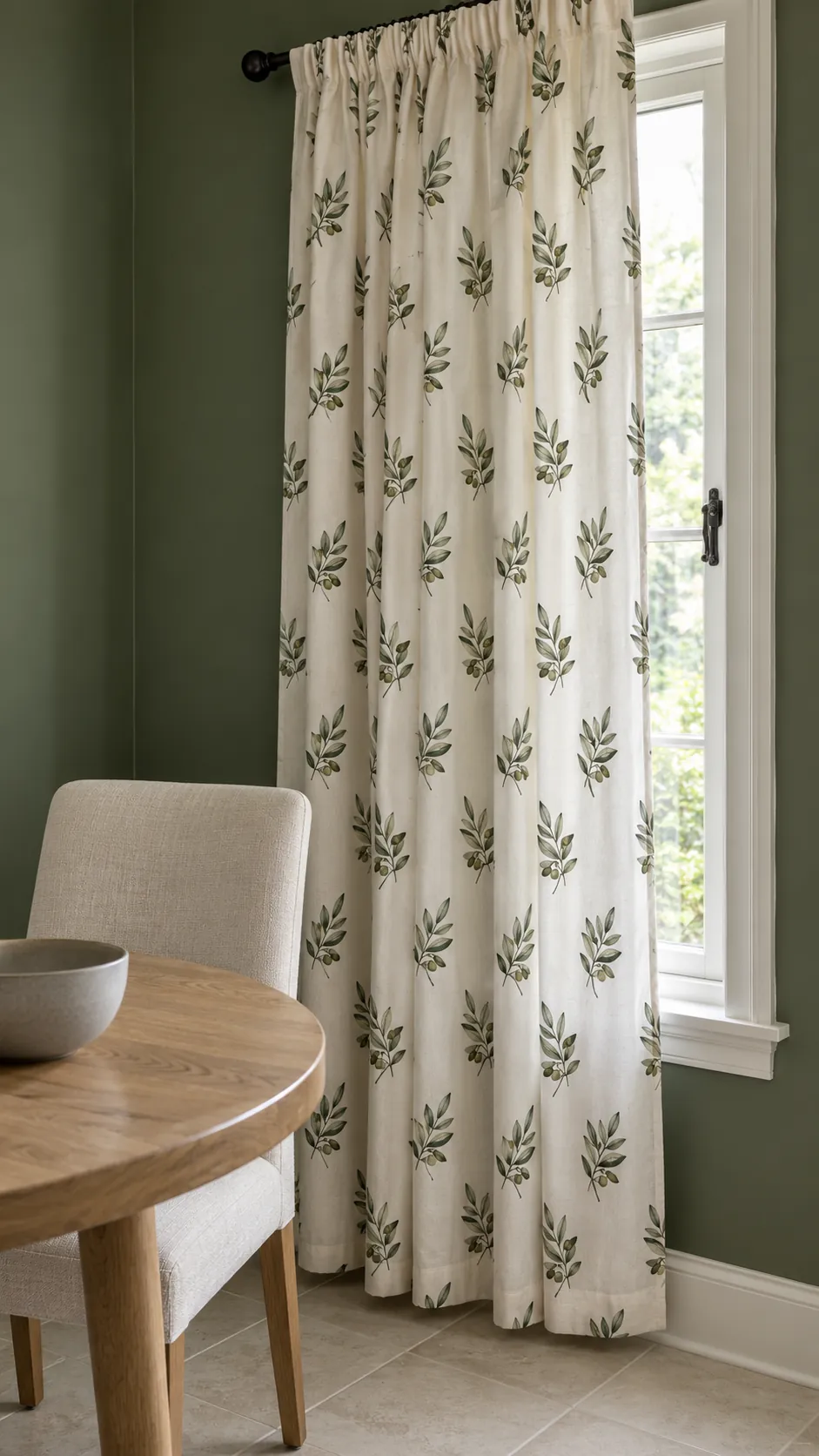Ivory curtains with a small olive leaf pattern beside dark green paint