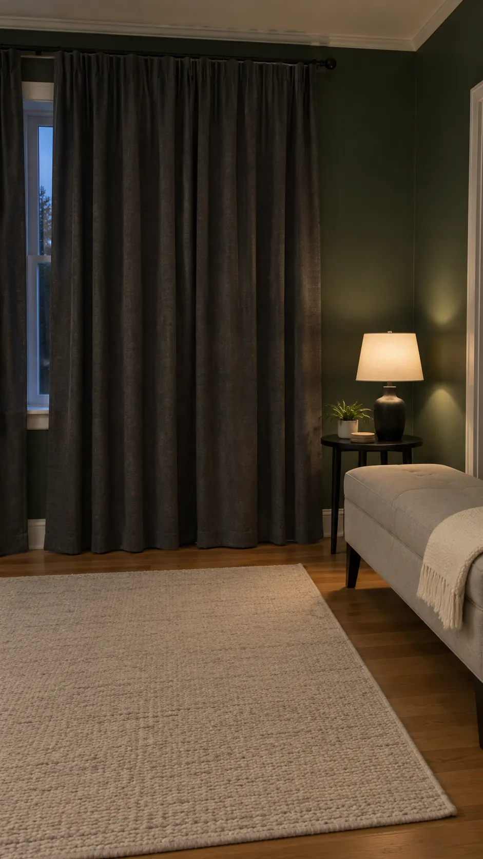 Charcoal curtains with dark green walls and a pale rug in an evening room