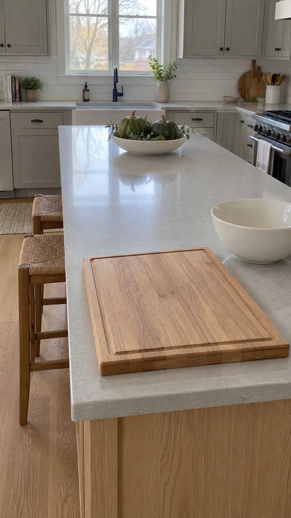 Kitchen island with compact Thanksgiving decor and a clear preparation area