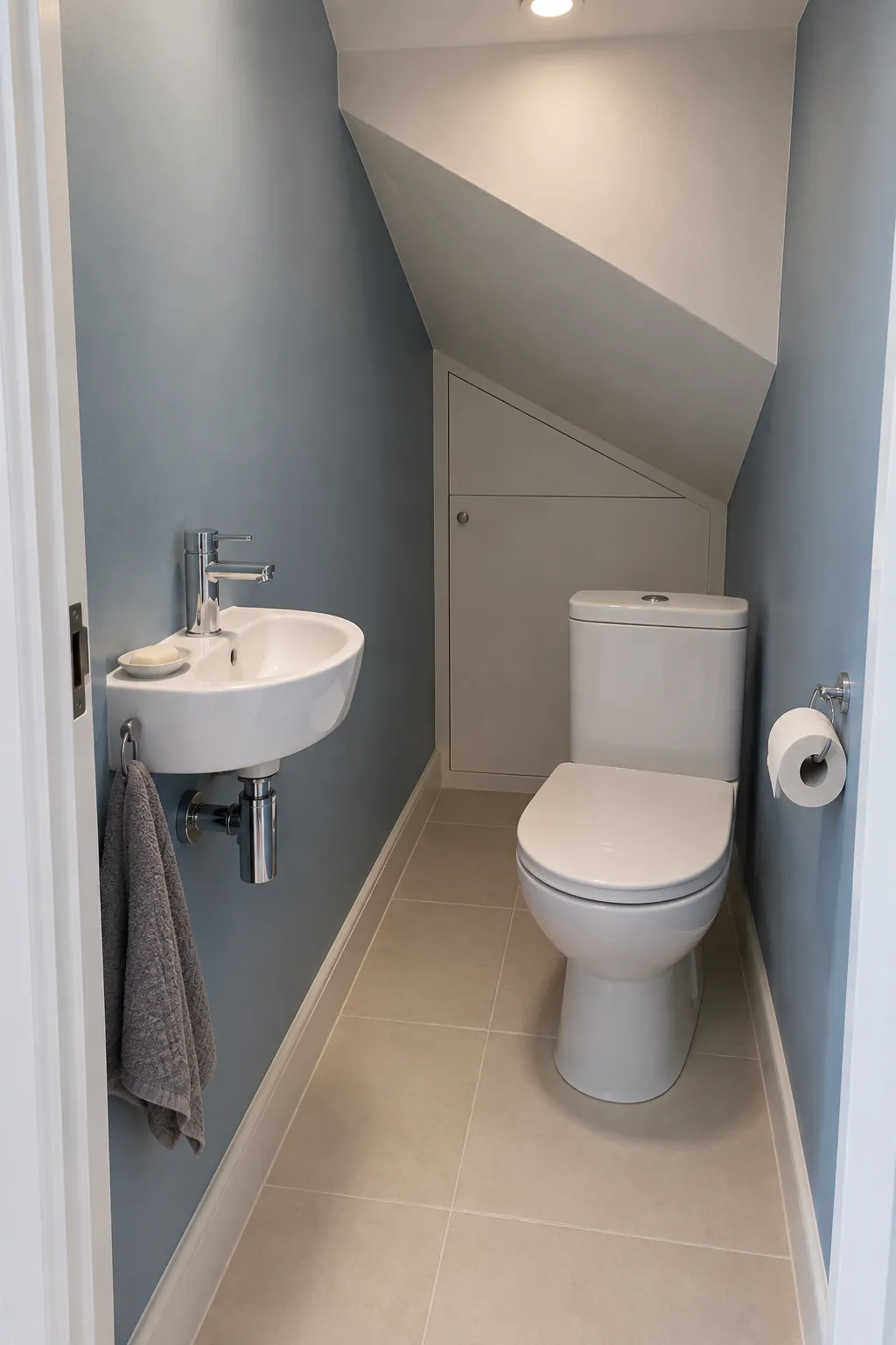 Compact toilet room beneath a staircase with usable higher fixture areas