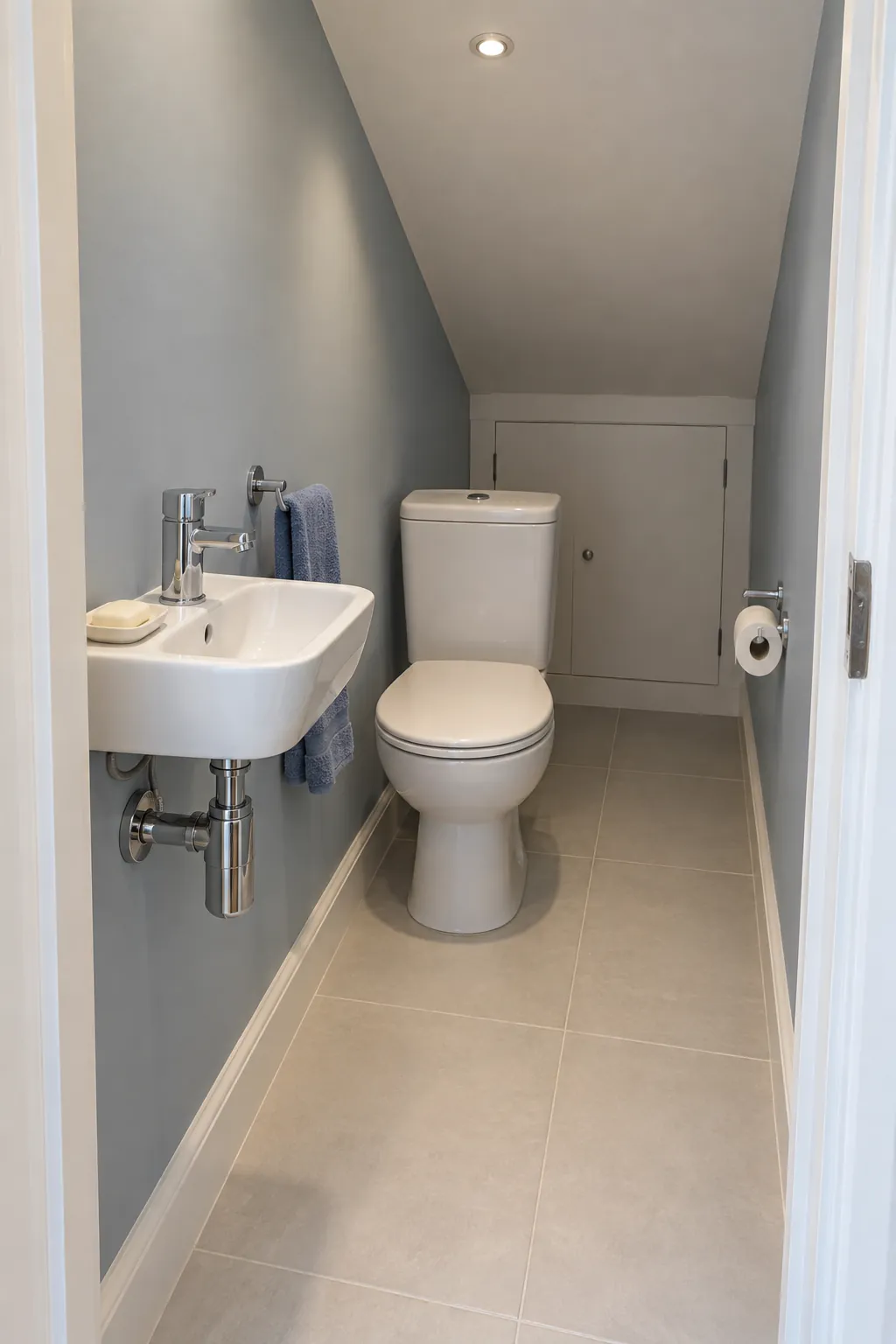 Tall end entry with basin first in a small bathroom