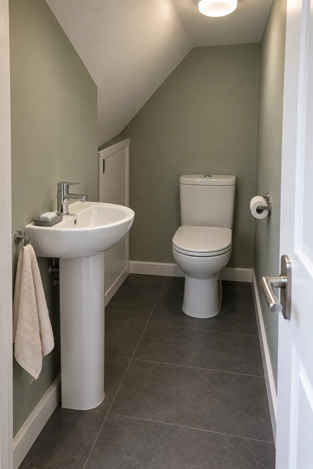 Side door into the high centre in a small bathroom