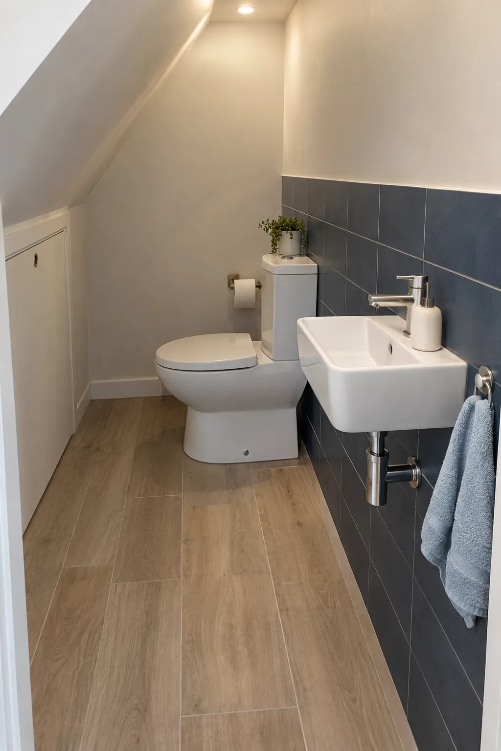 Fixtures share a service wall in a small bathroom
