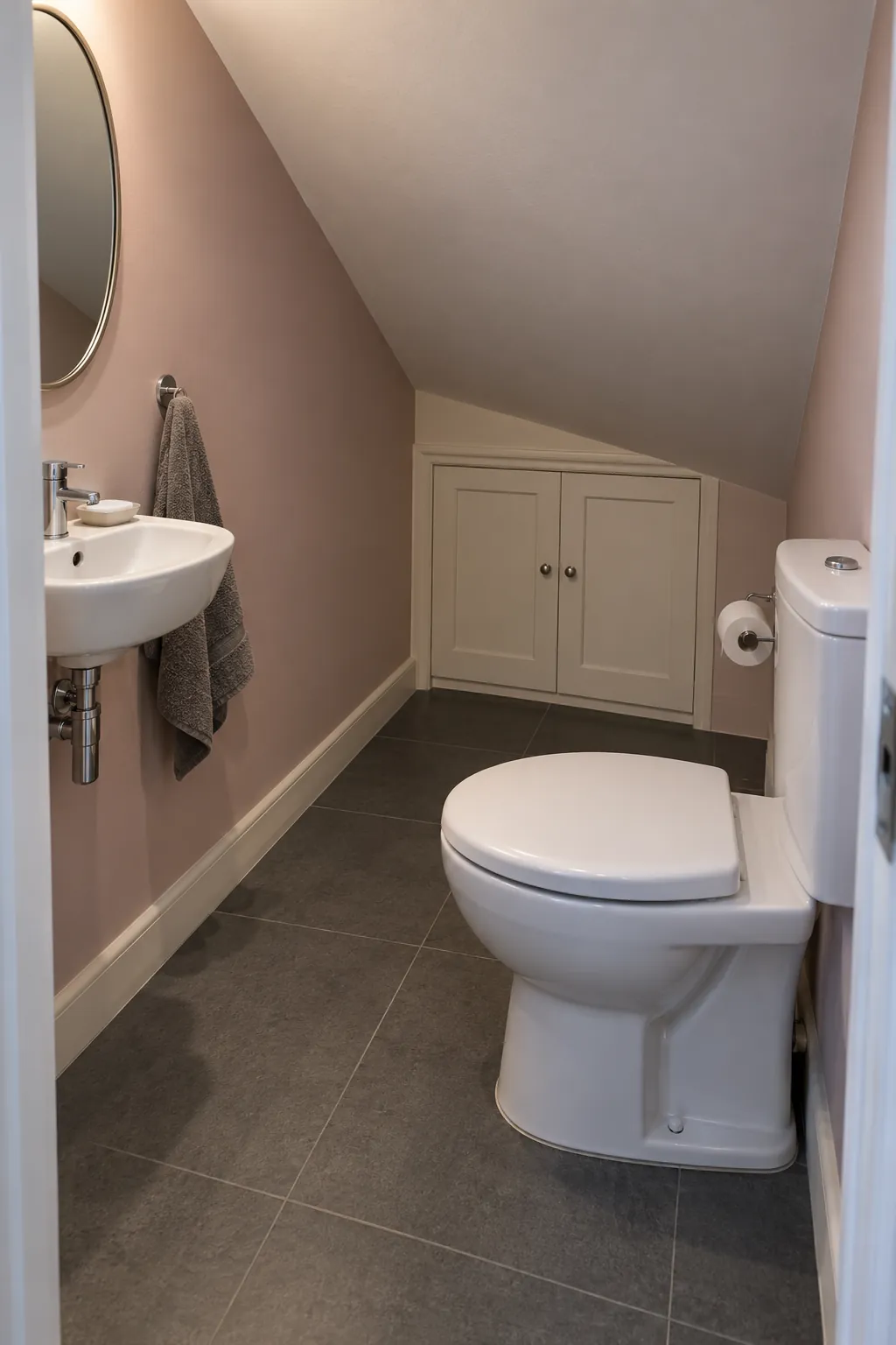 Toilet use runs across the slope in a small bathroom
