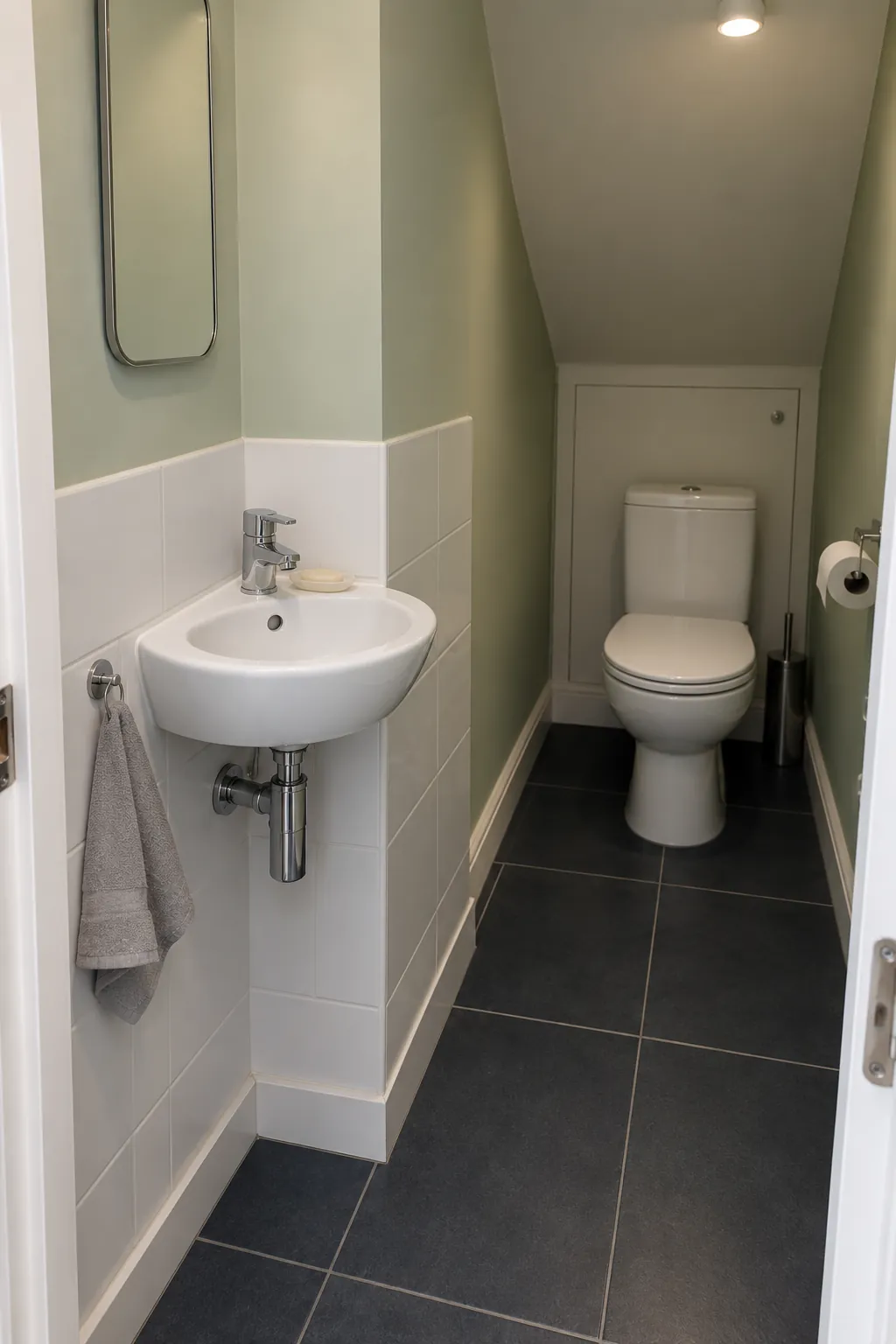 A corner basin beside the entrance in a small bathroom