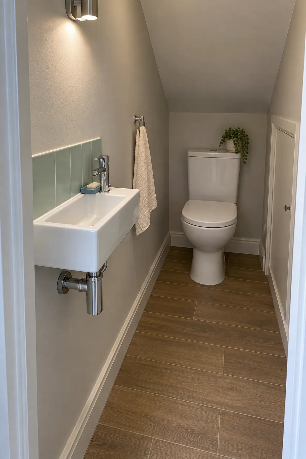 Shallow basin along a long wall in a small bathroom