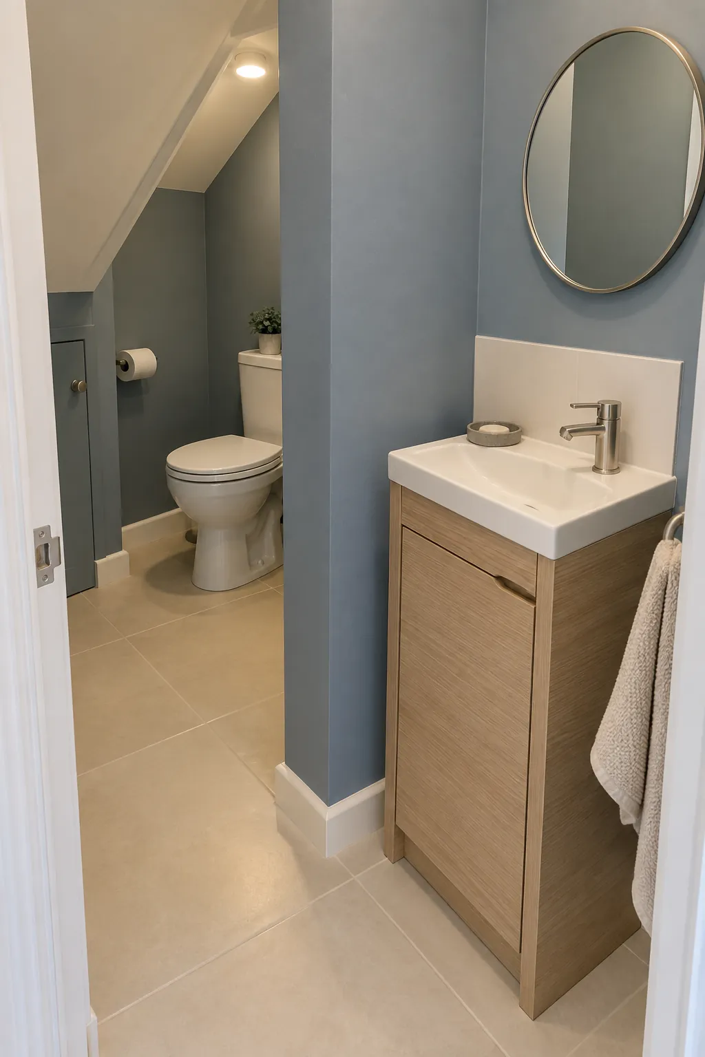 An L shaped return separates the fixtures in a small bathroom