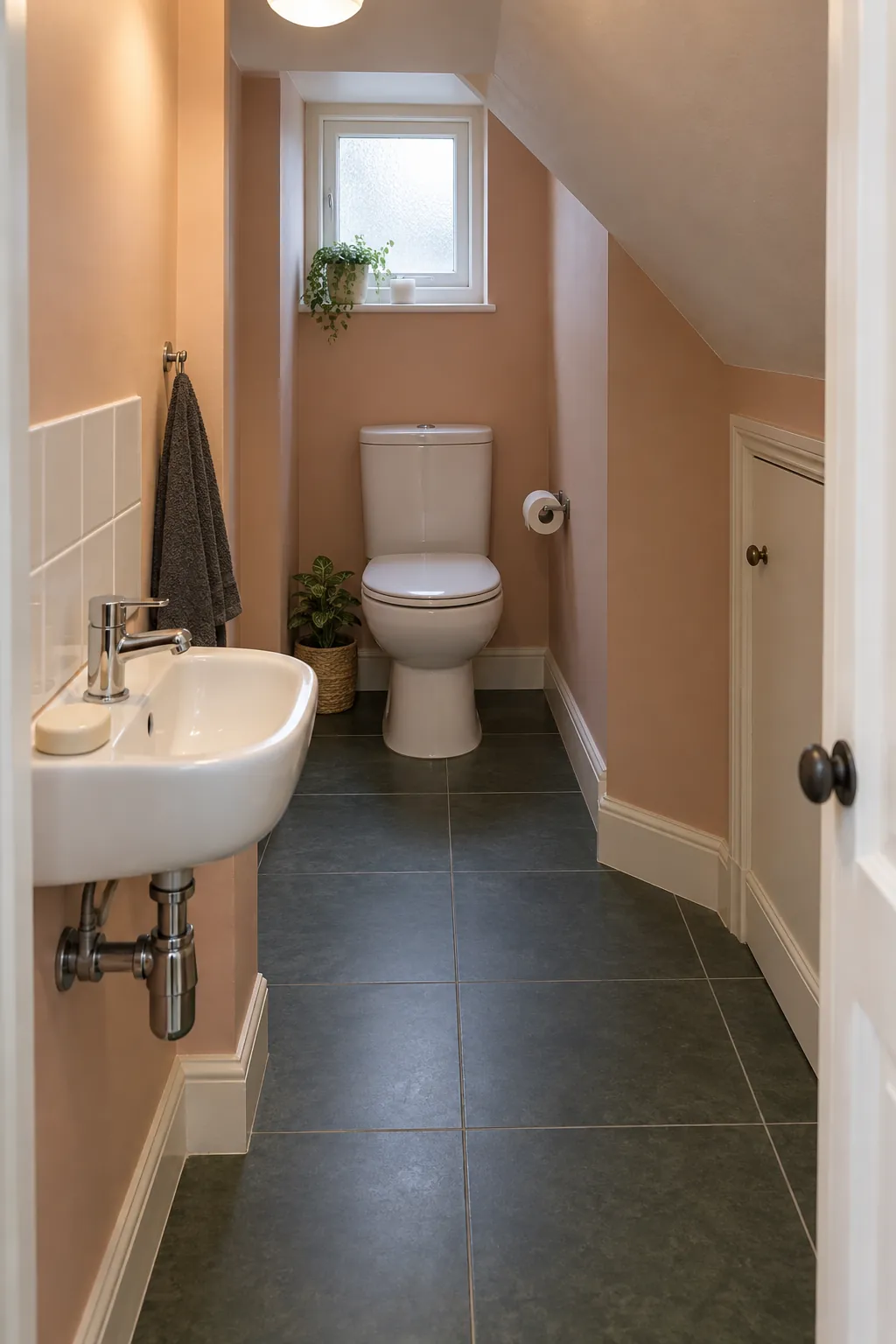 The widened tall end holds the toilet in a small bathroom