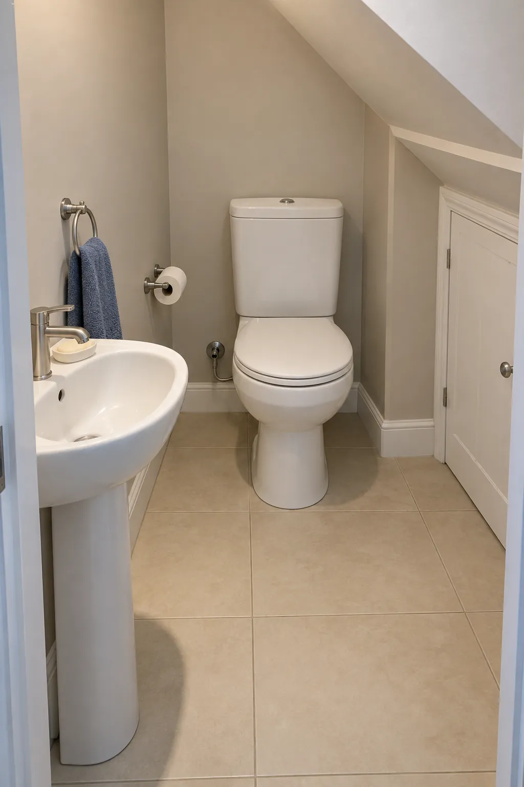 A conventional cistern in the high zone in a small bathroom