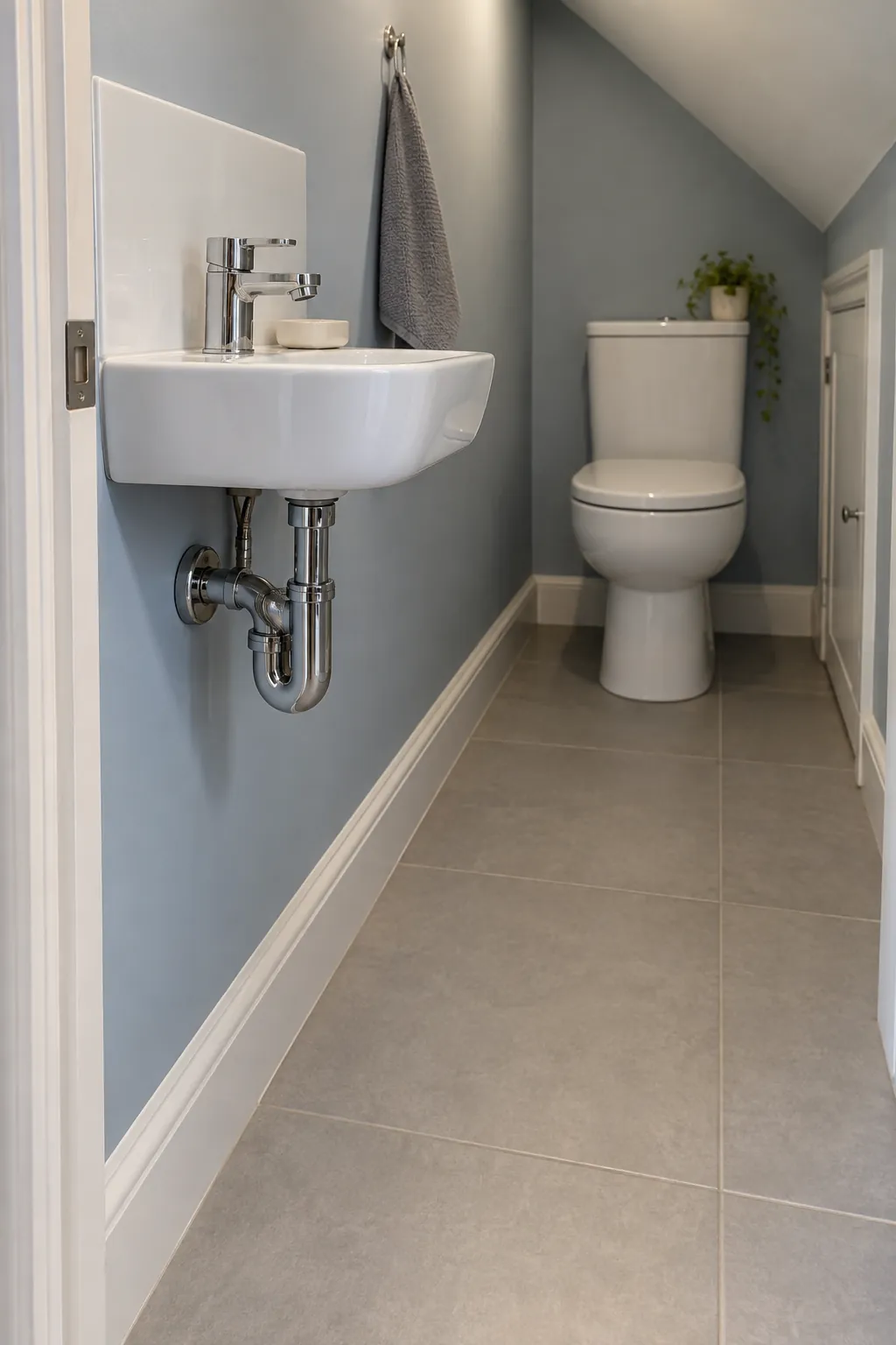 Open floor beneath a supported basin in a small bathroom