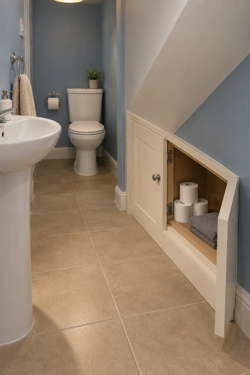 Storage occupies the low wedge in a small bathroom