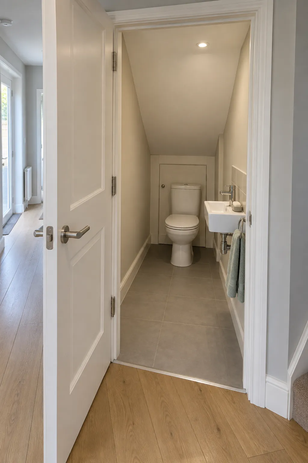 An outward door leaves the room clear in a small bathroom