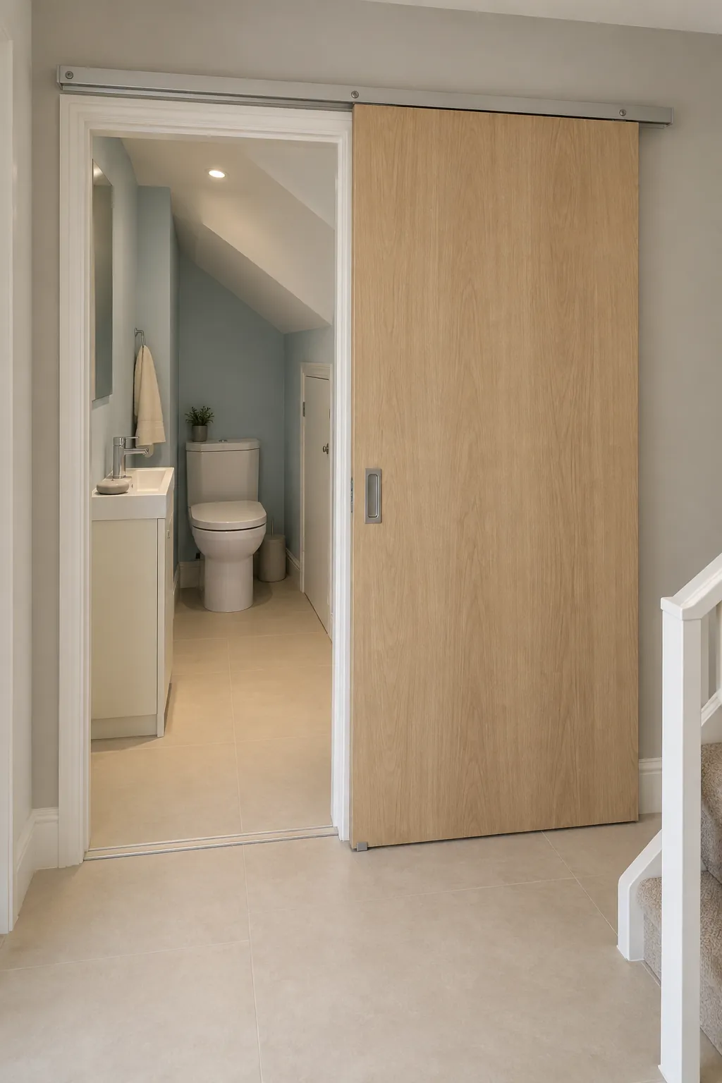 A surface slider beside a clear wall in a small bathroom