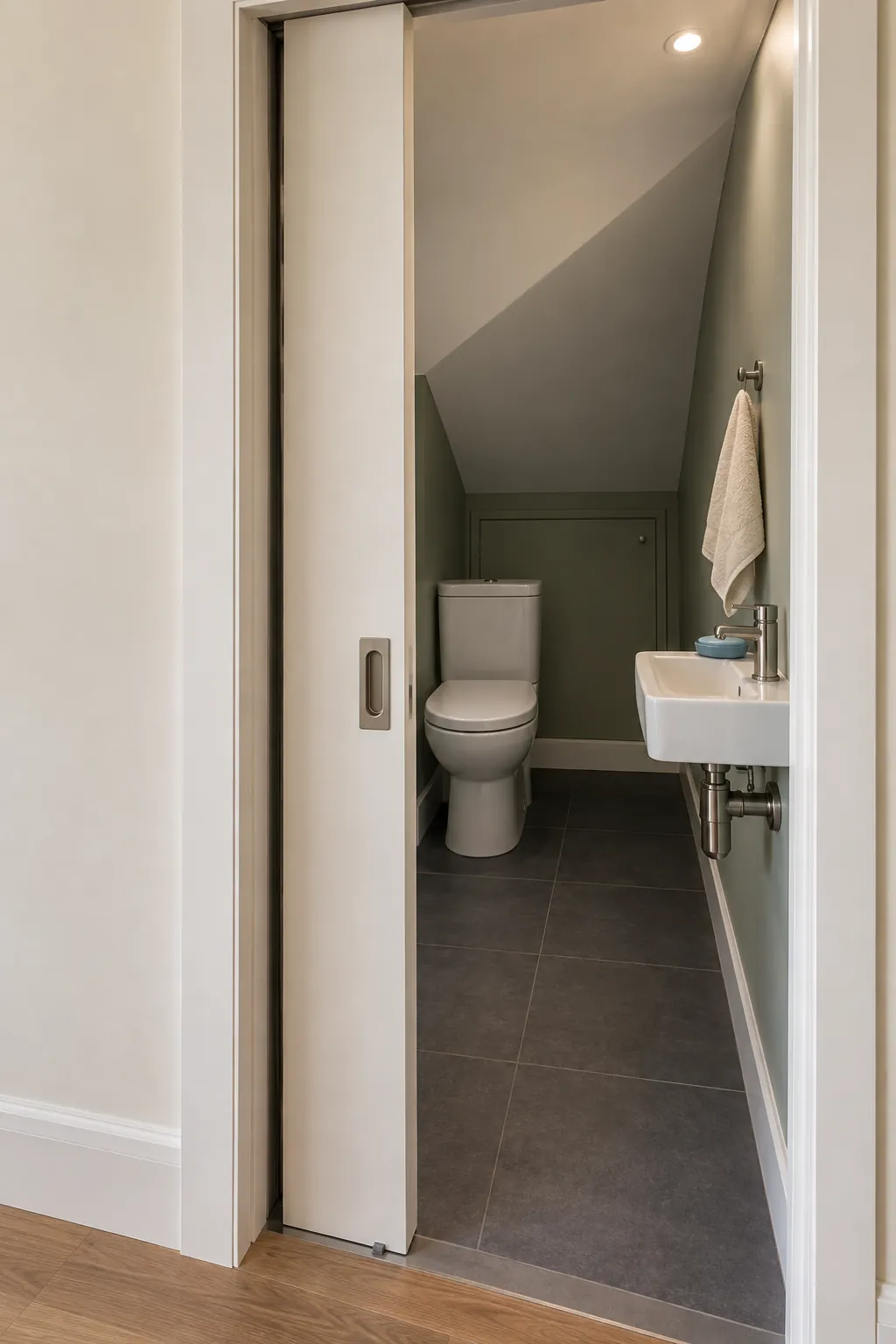 A pocket door in a suitable partition in a small bathroom