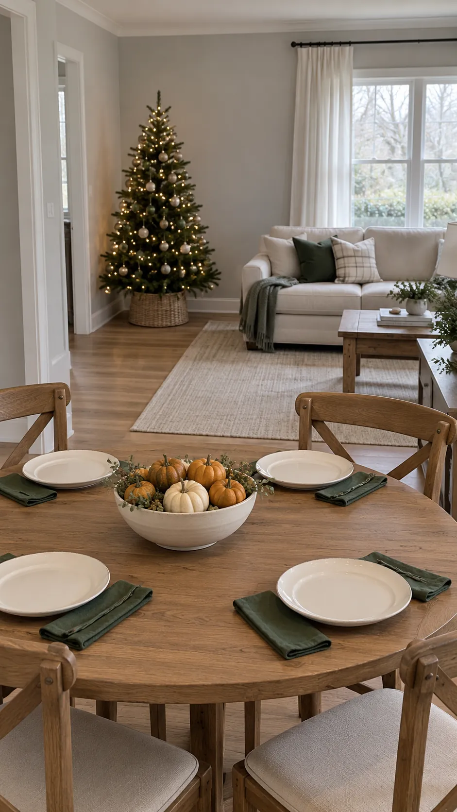 Thanksgiving dining accents and a Christmas tree in separate zones of a home