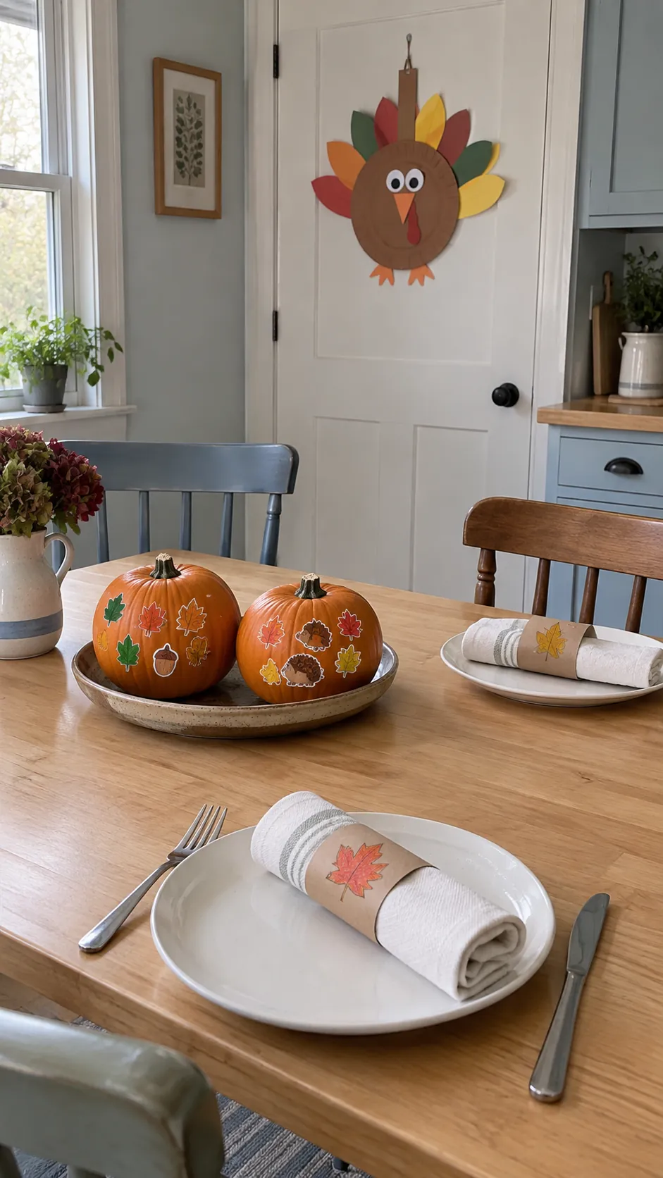 Child made Thanksgiving decorations in a compact family dining nook