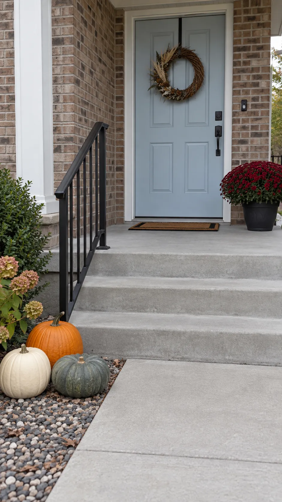 Modest harvest entry with pumpkins outside clear front steps