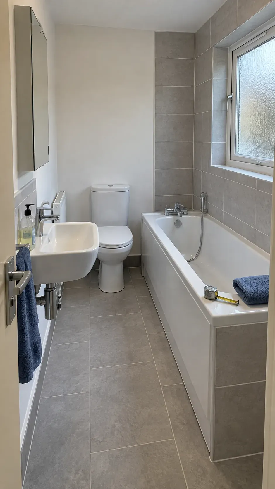 Measured fixture spacing in a small bathroom