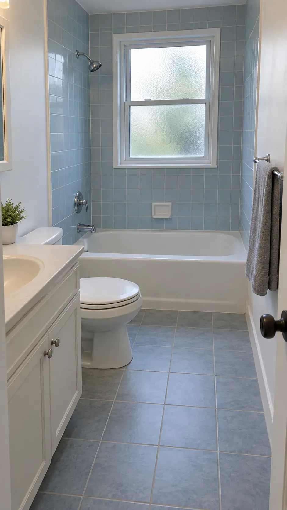 Small bathroom with an obscure window above the tub shower