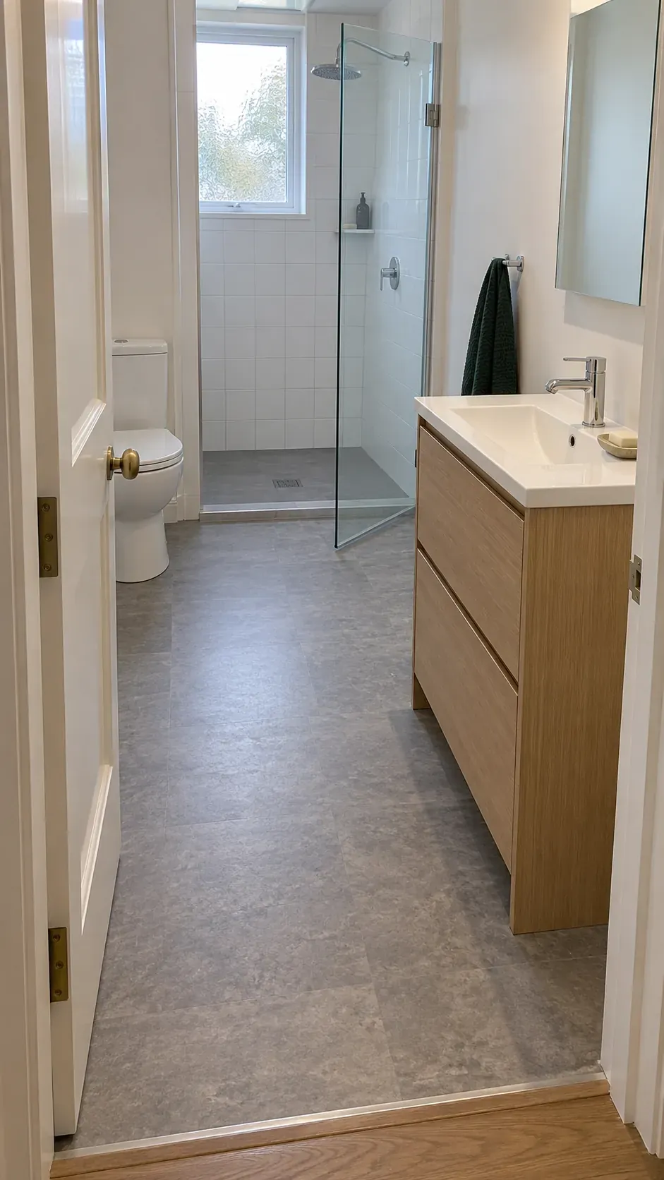 Unobstructed bathroom route in a small bathroom