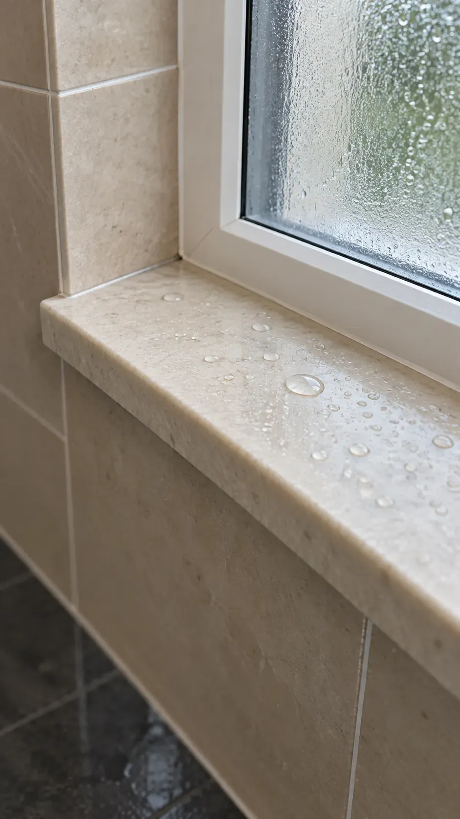 Bare inward draining sill in a small bathroom