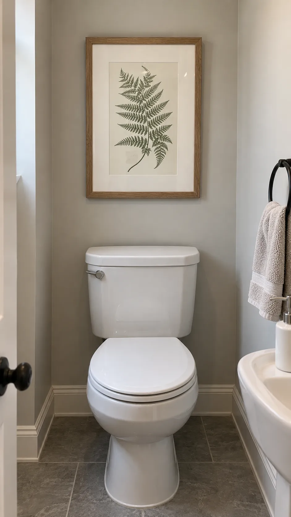 One generously matted botanical print above a powder room toilet