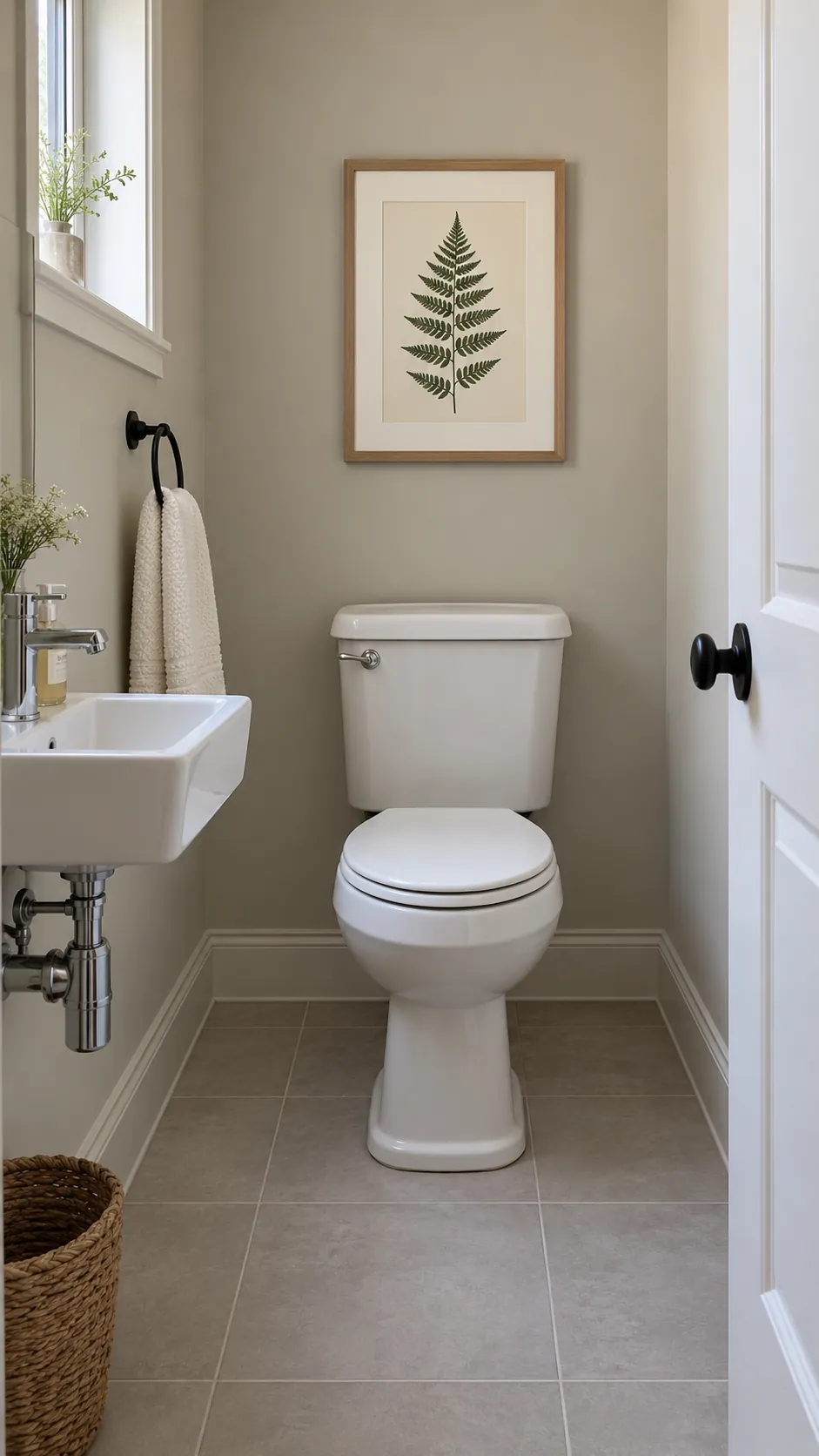 Small powder room with a framed fern study above the toilet