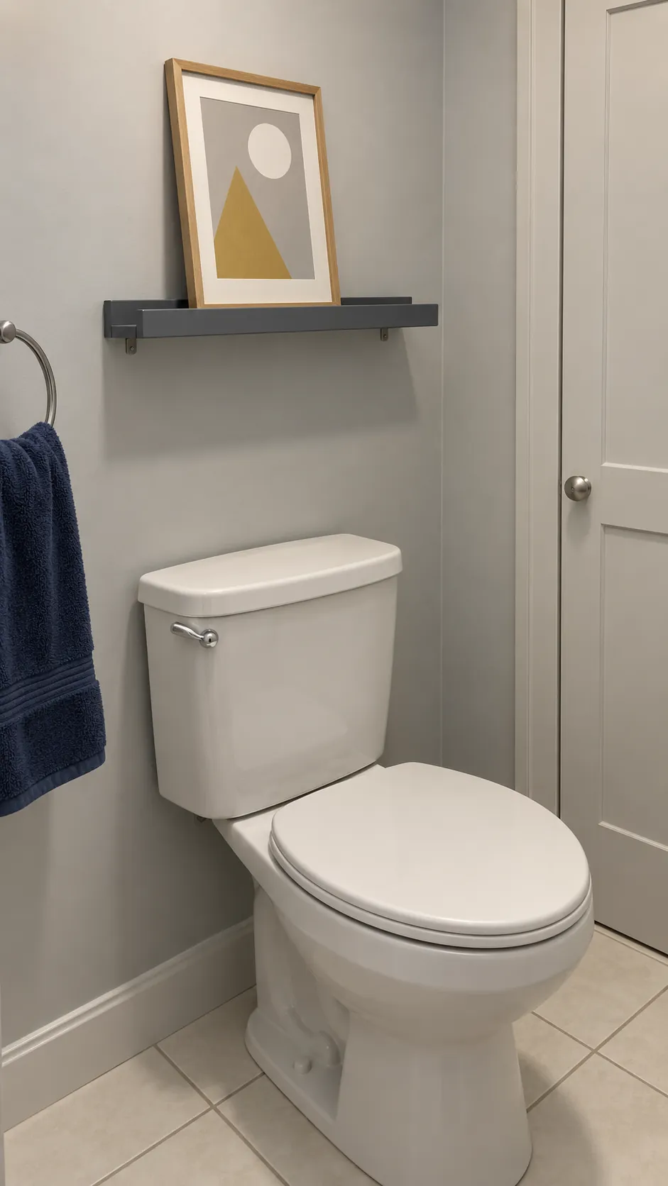A shallow shelf with one leaning print above a powder room toilet