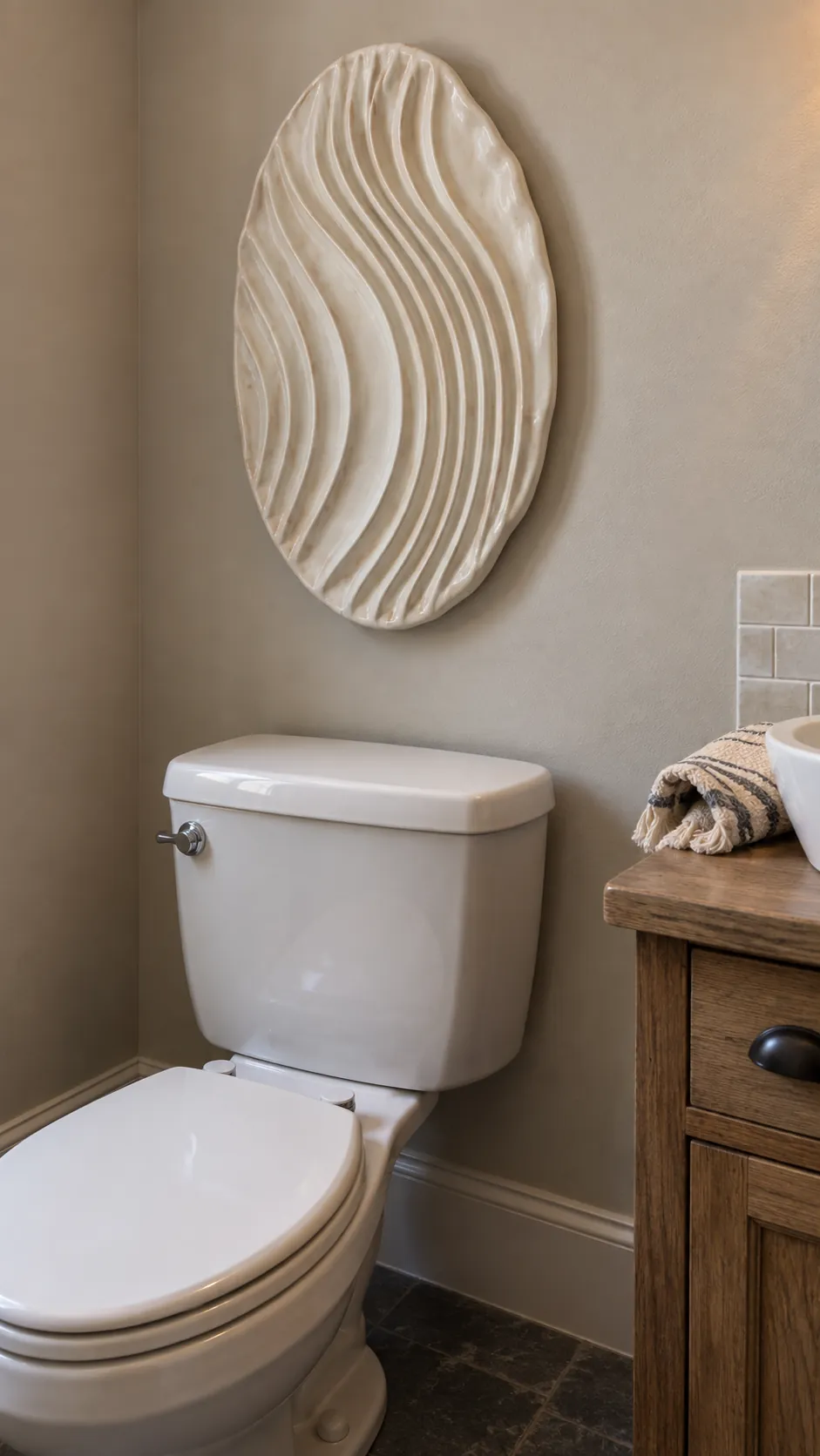 A sculptural ceramic wall piece above a powder room toilet