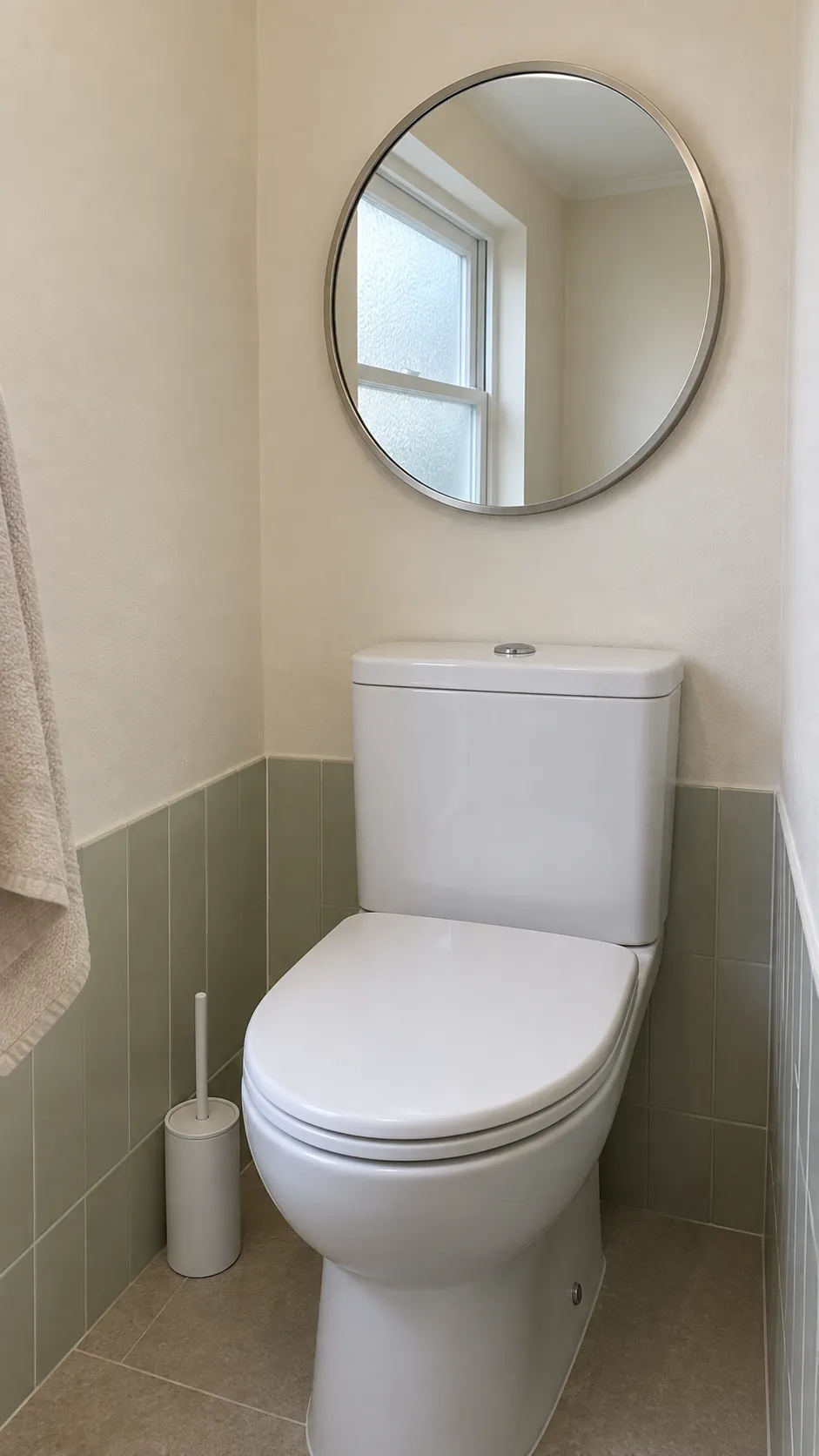 A round mirror for a narrow wall above a powder room toilet