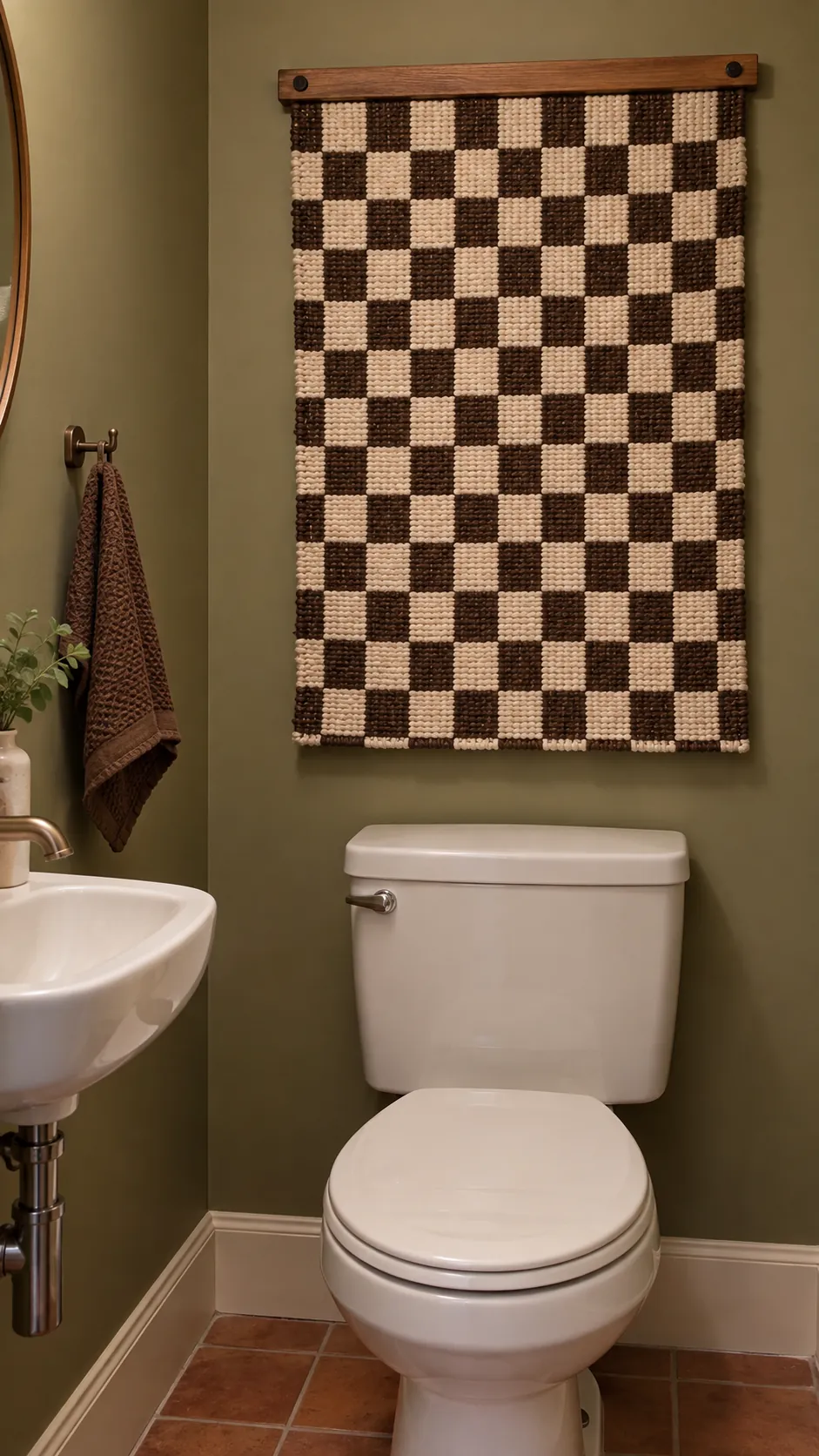 A woven panel for softer texture above a powder room toilet