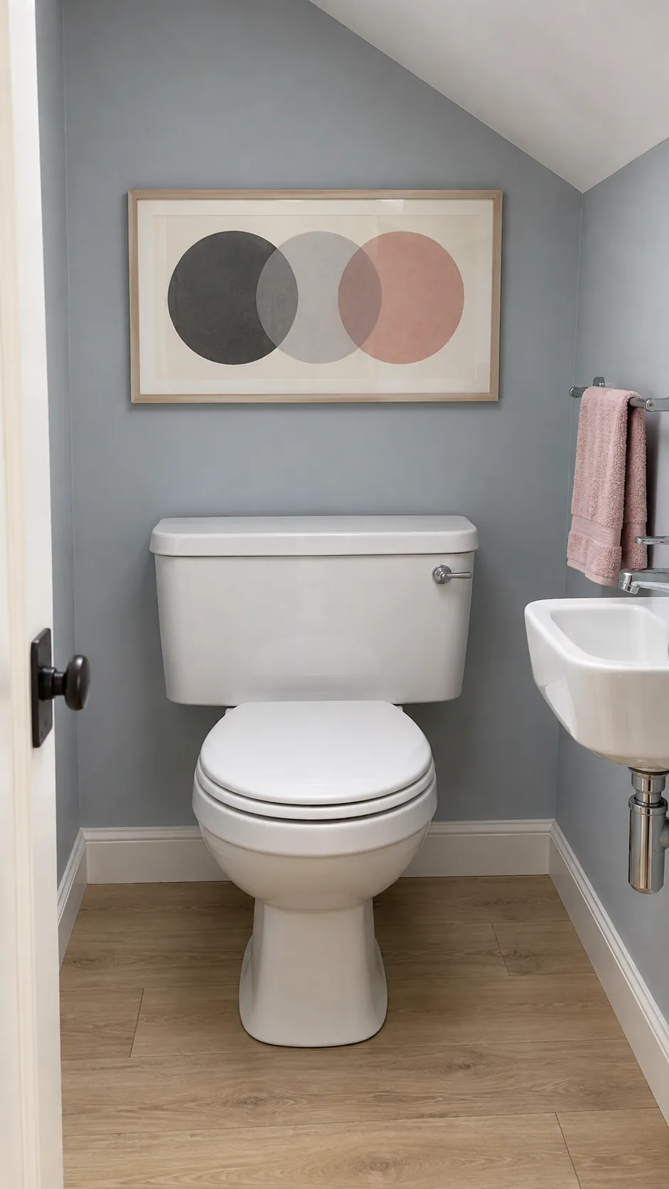 A horizontal print above a low tank above a powder room toilet
