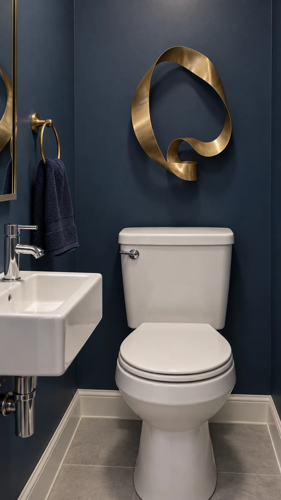 A small metal sculpture with open space above a powder room toilet