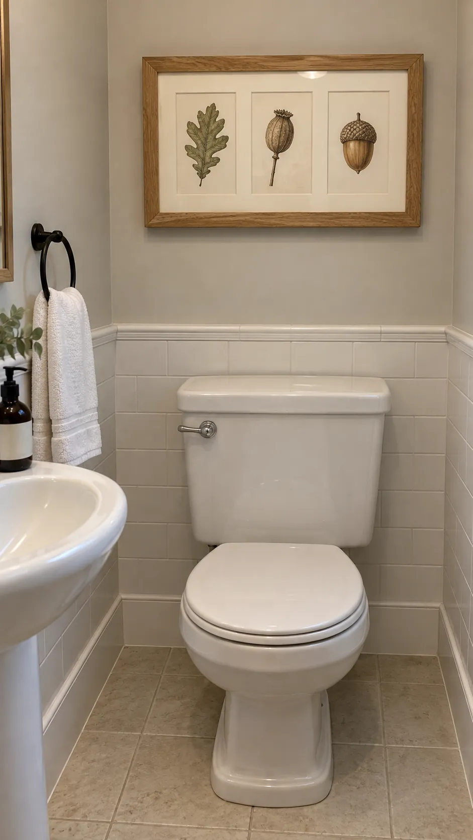 A tiny gallery inside one large frame above a powder room toilet