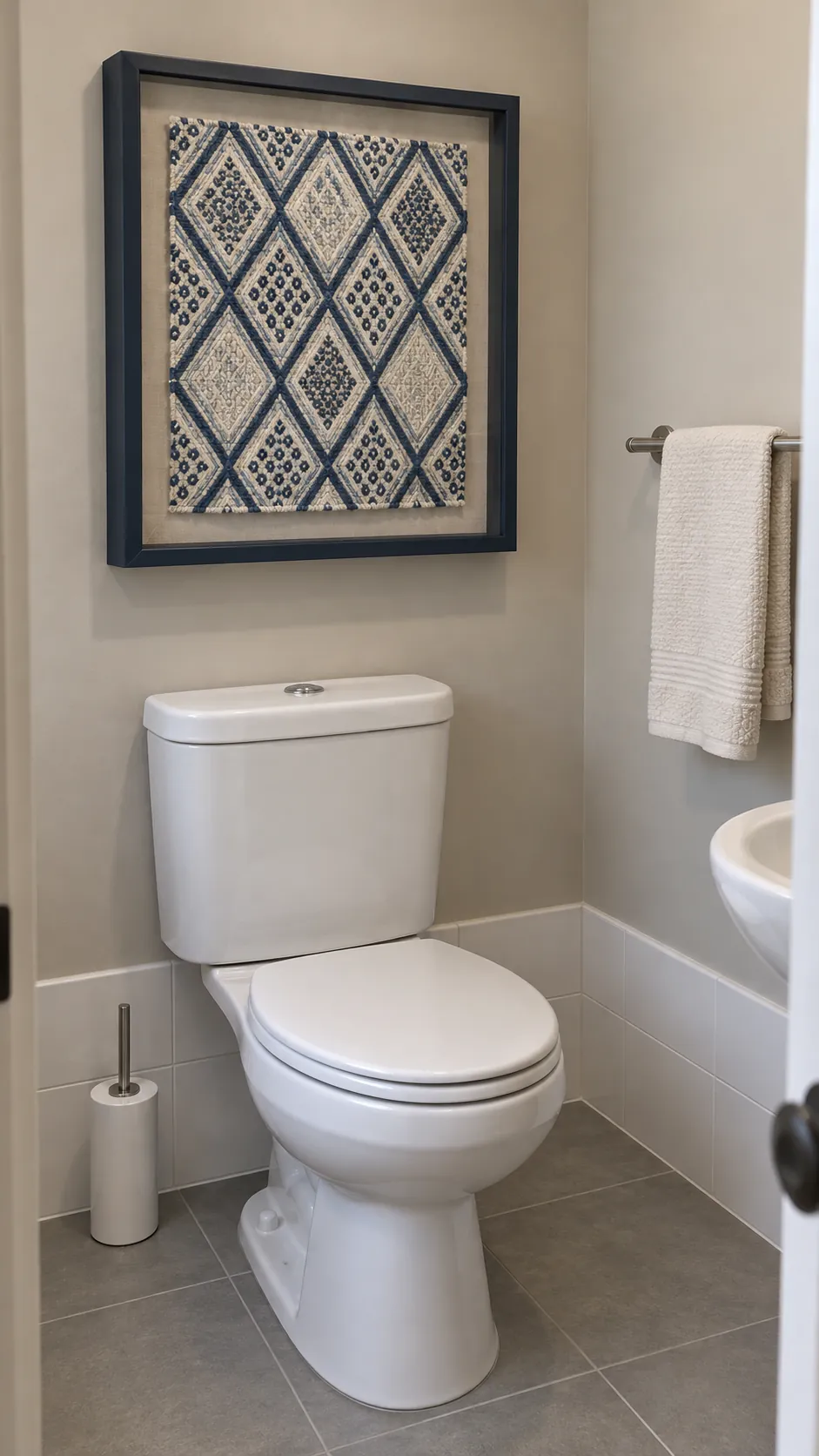 A framed textile fragment with a graphic motif above a powder room toilet