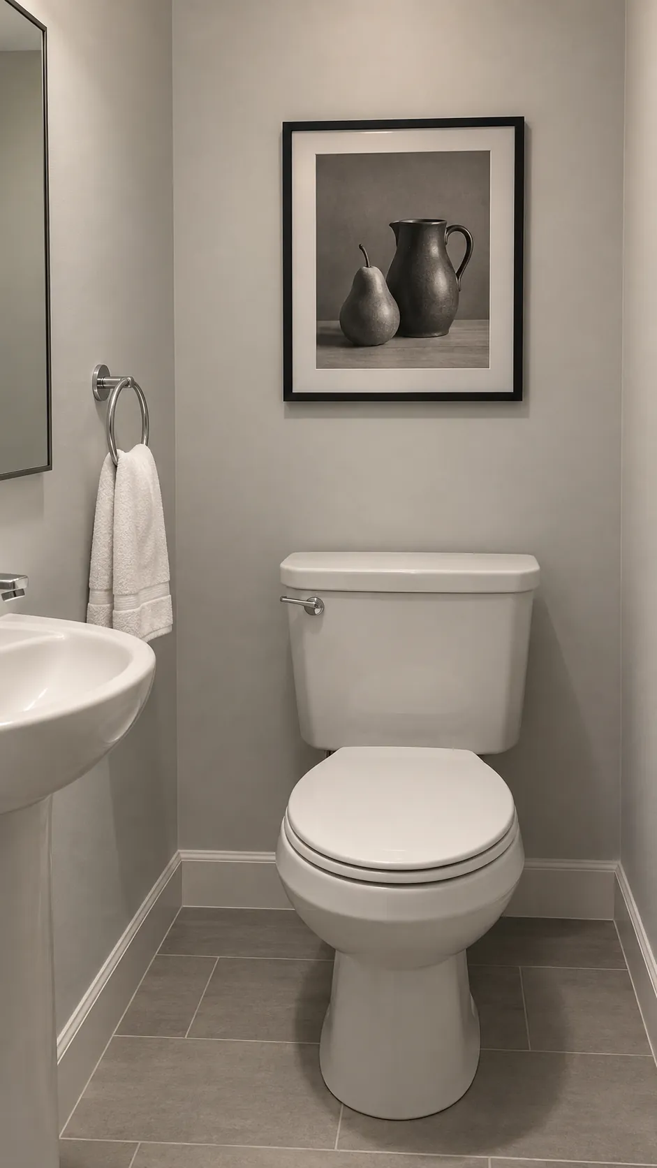 A monochrome still life for an uncluttered finish above a powder room toilet
