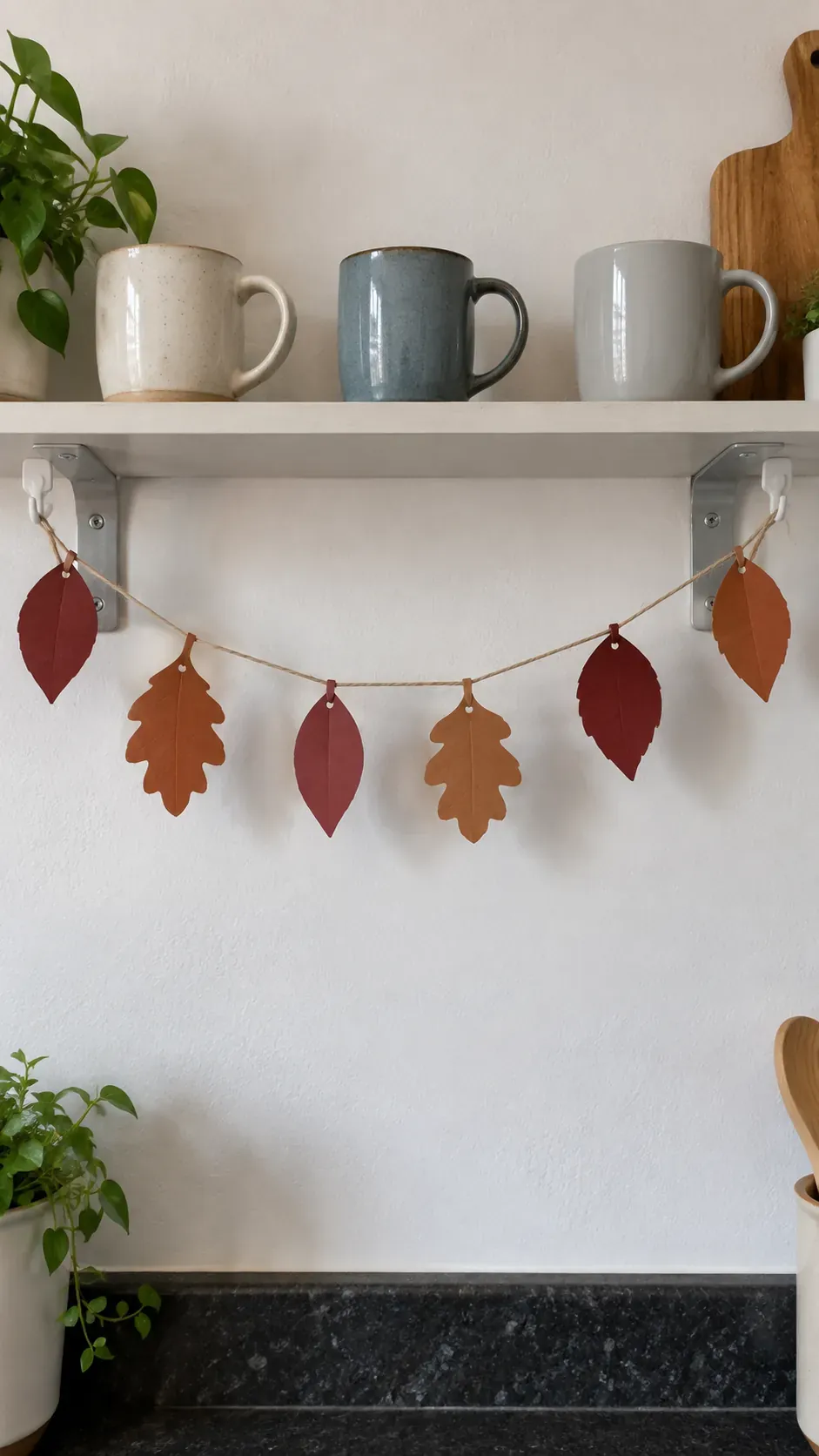 Hand cut russet paper leaves threaded along cotton string beneath a shelf of everyday mugs