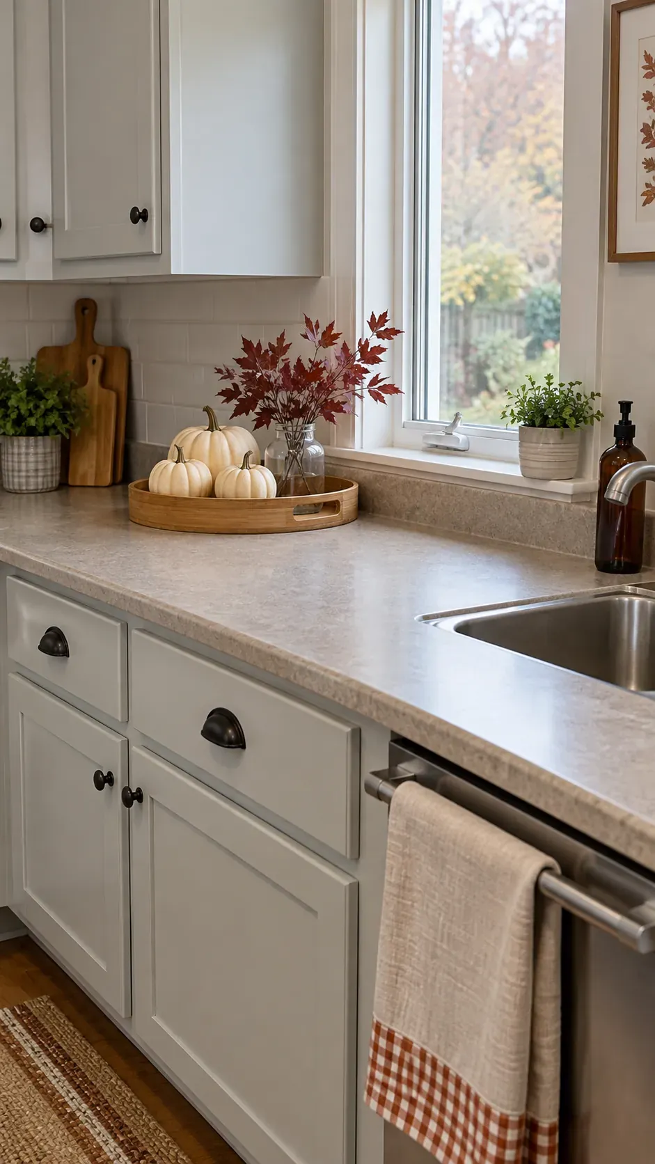 Small autumn pumpkin tray in a practical kitchen with clear counter space