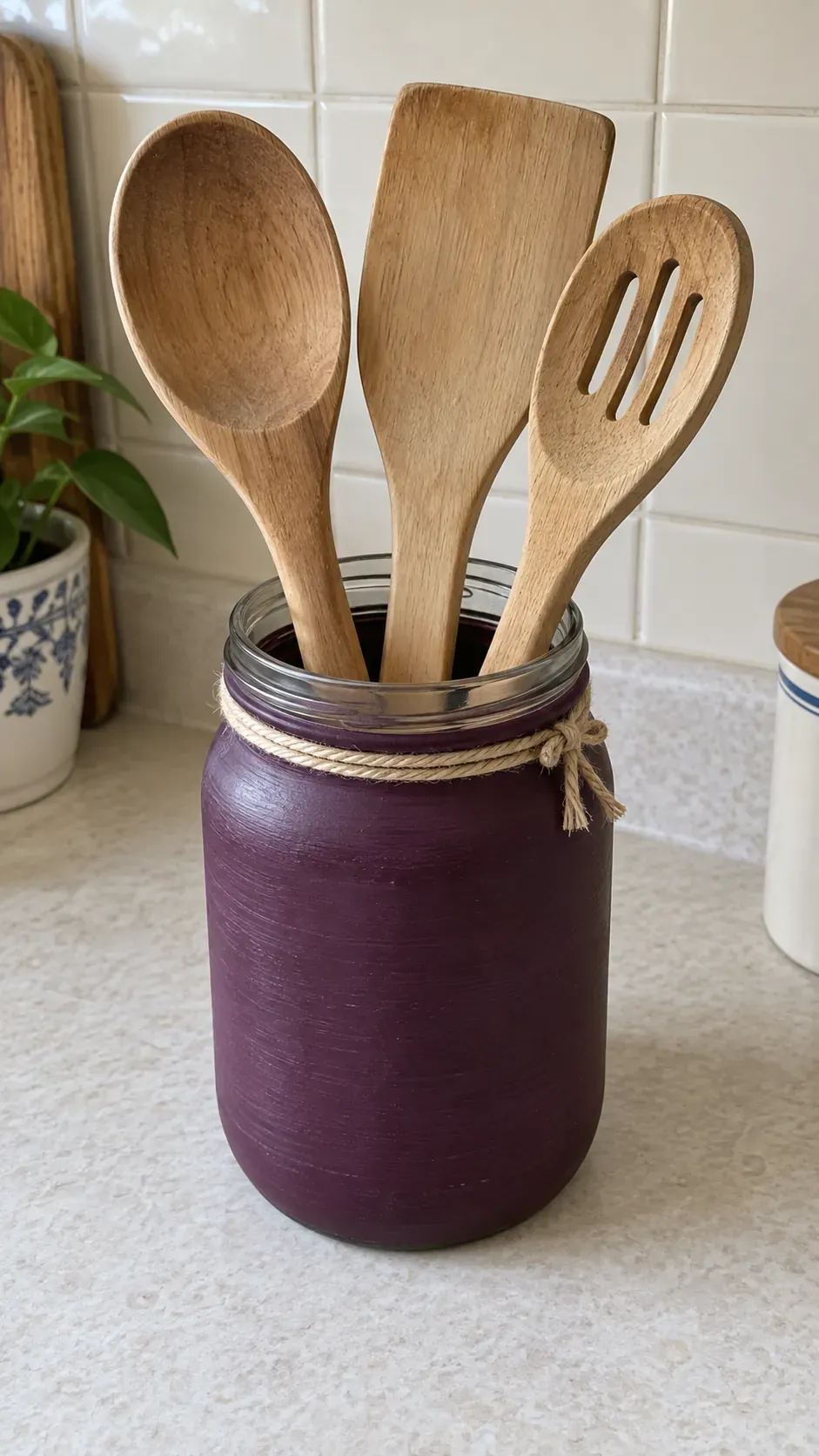 A deep plum exterior painted recycled jar holding wooden kitchen utensils