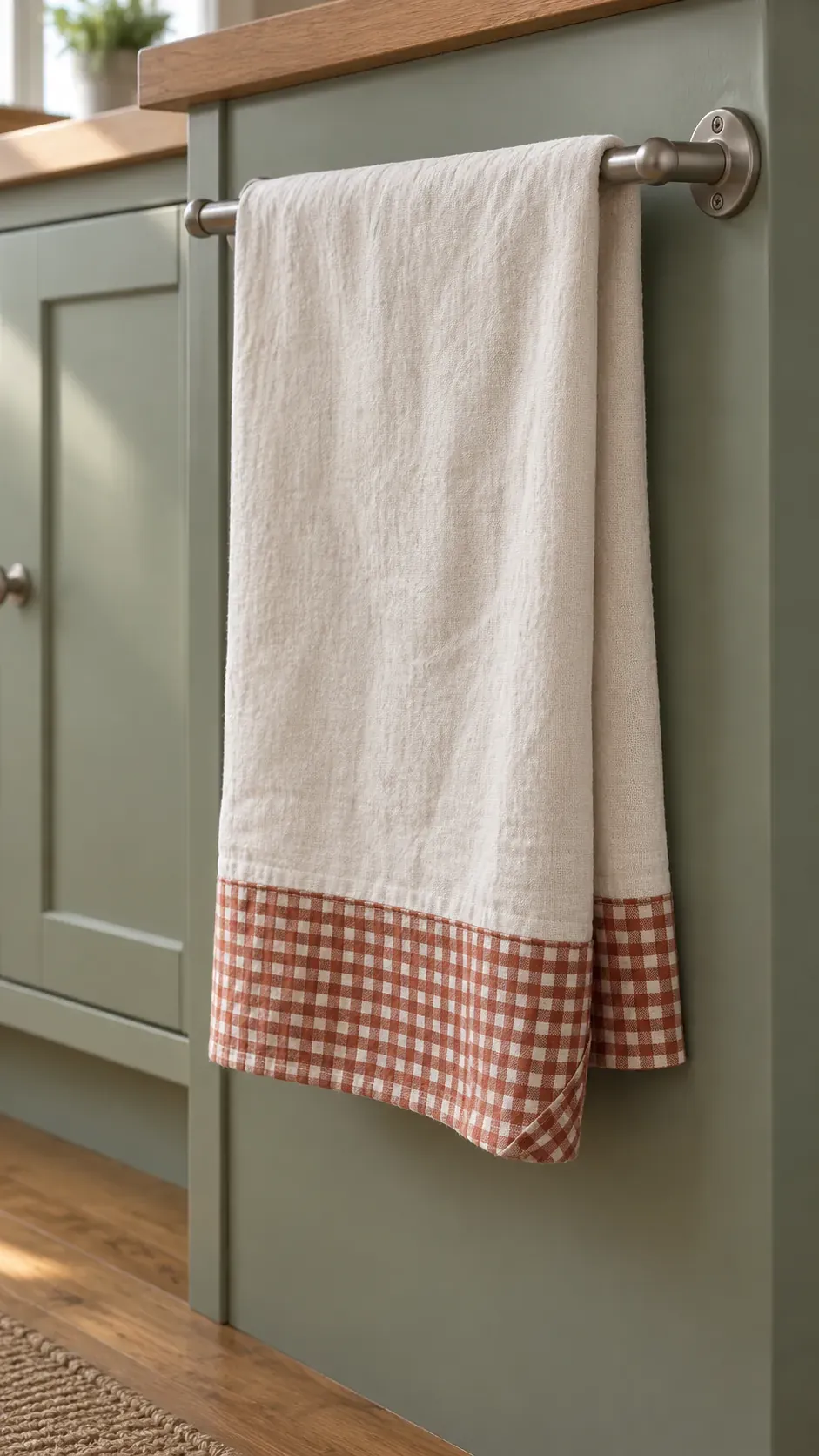 A plain cotton kitchen towel with a stitched rust gingham bottom border folded over a safe side rail