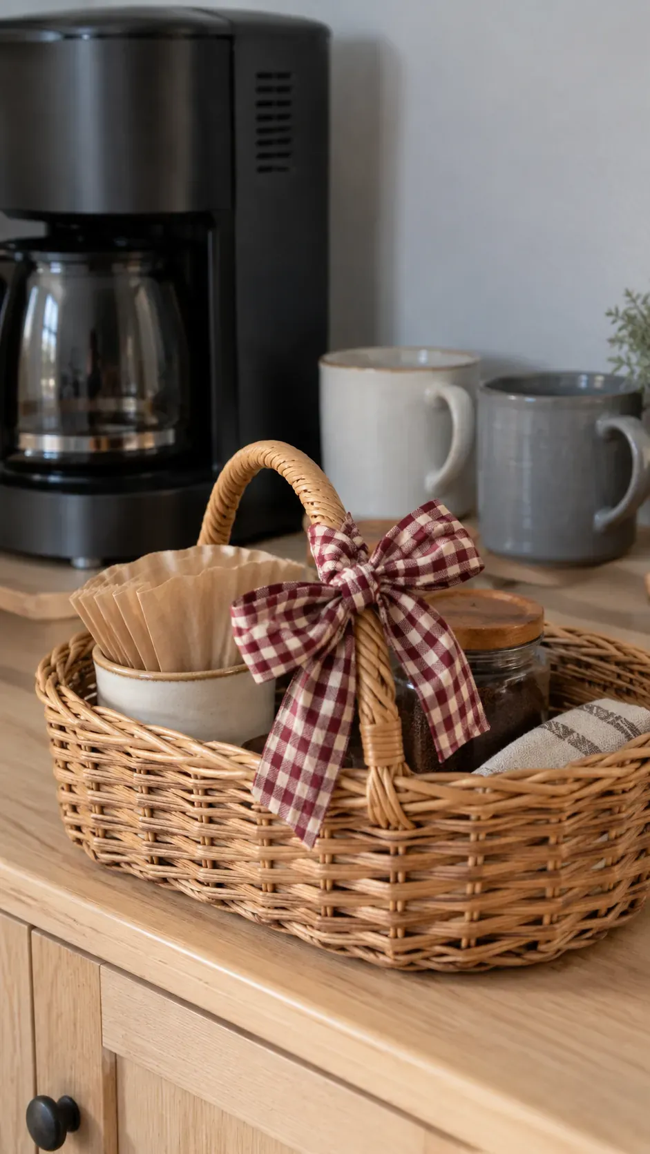 A burgundy checked ribbon tied to a basket handle at a compact coffee station