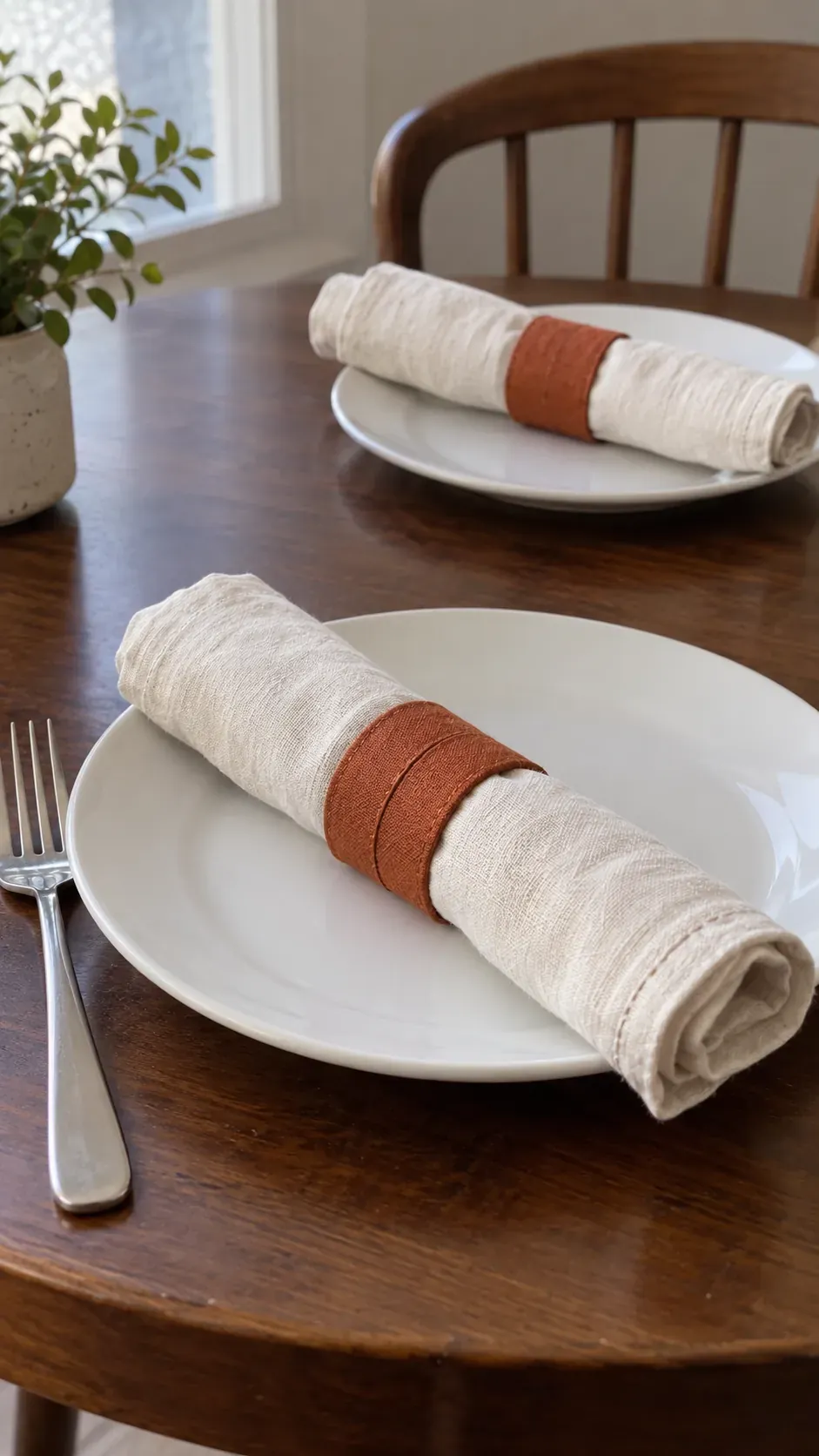 Muted copper cotton napkin rings around rolled linen napkins on a small kitchen table