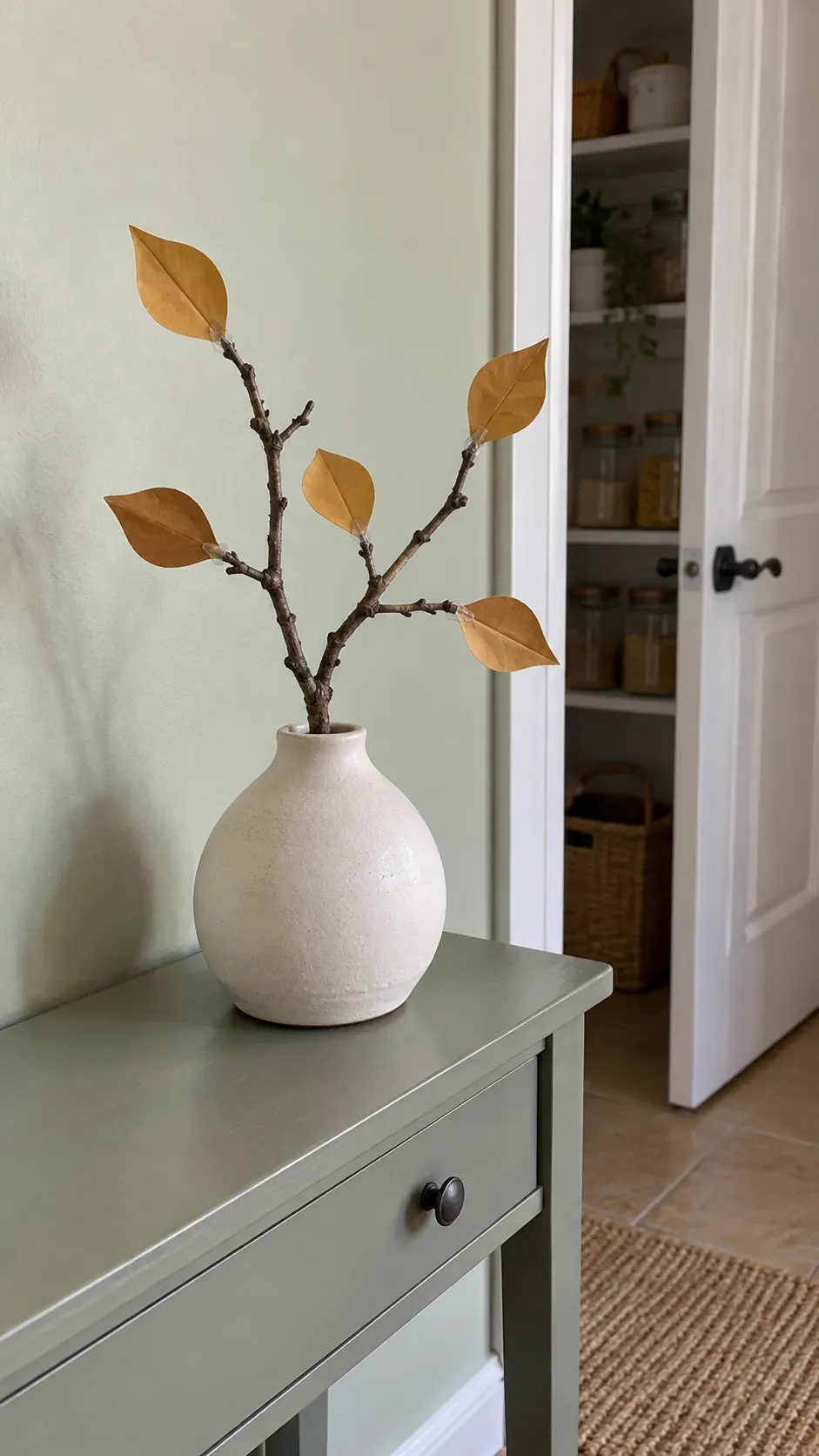 A short branching twig with handmade ochre paper leaves in a stable stoneware vase